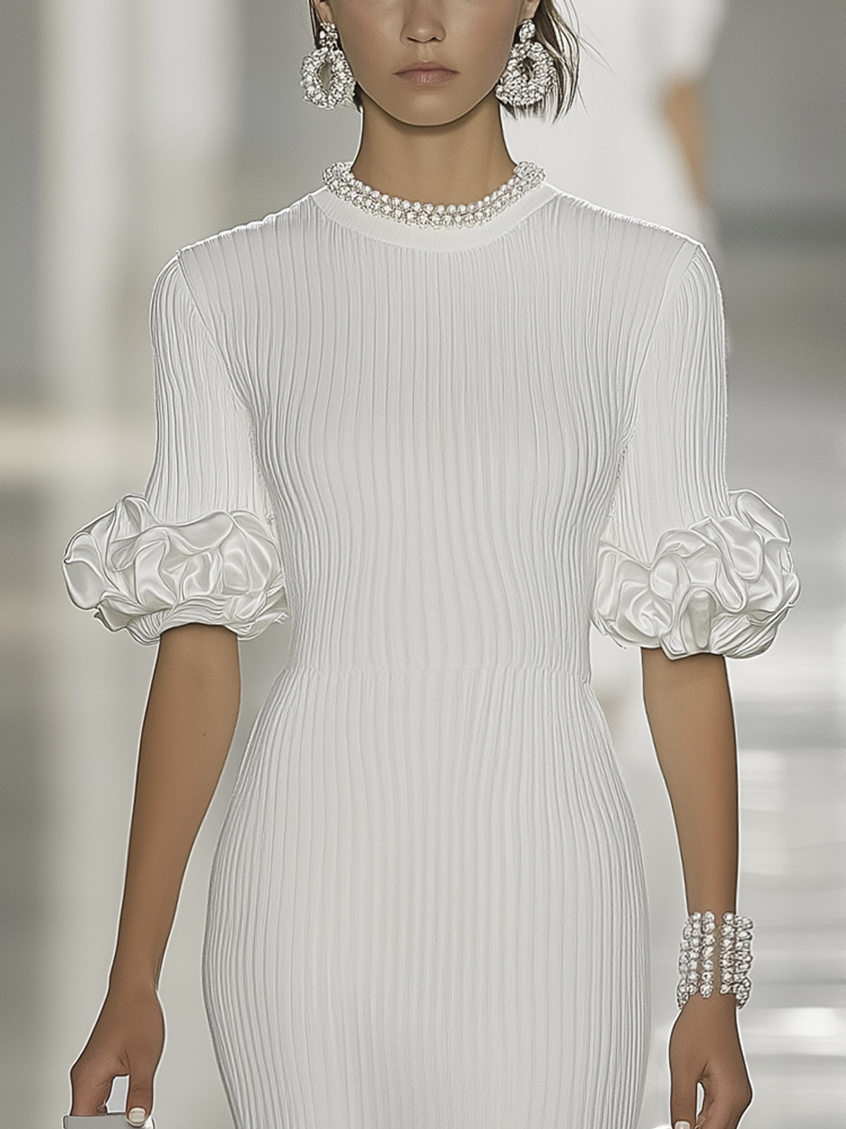 White Ribbed Knit Satin Puff Sleeve High Neck Elbow Sleeve Midi Dress