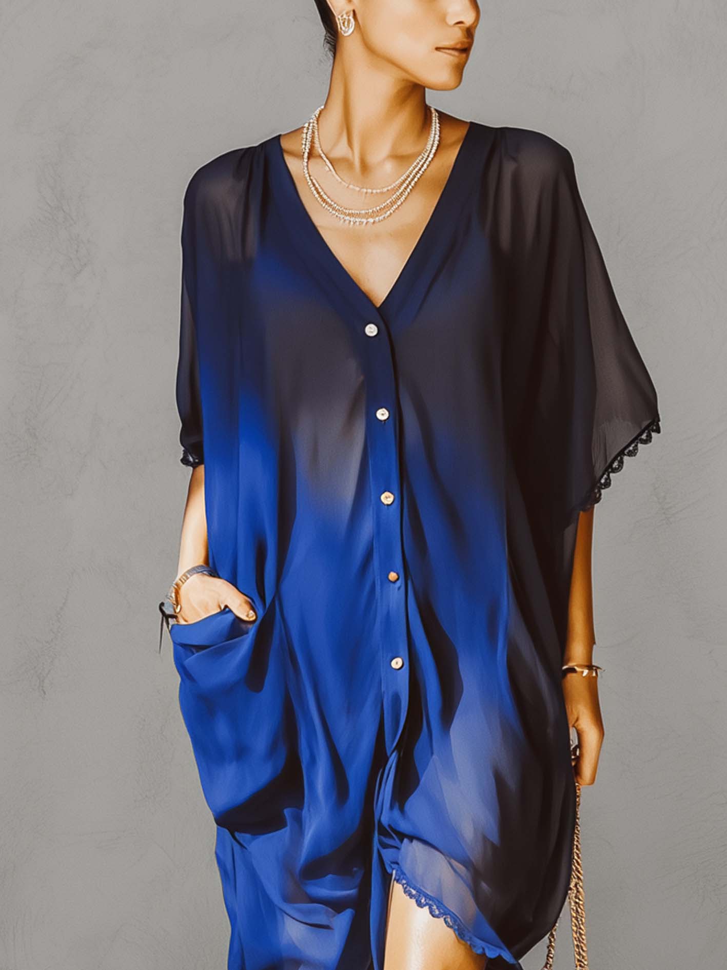 Ombre Blue Printed Lace Trim Midi Dress