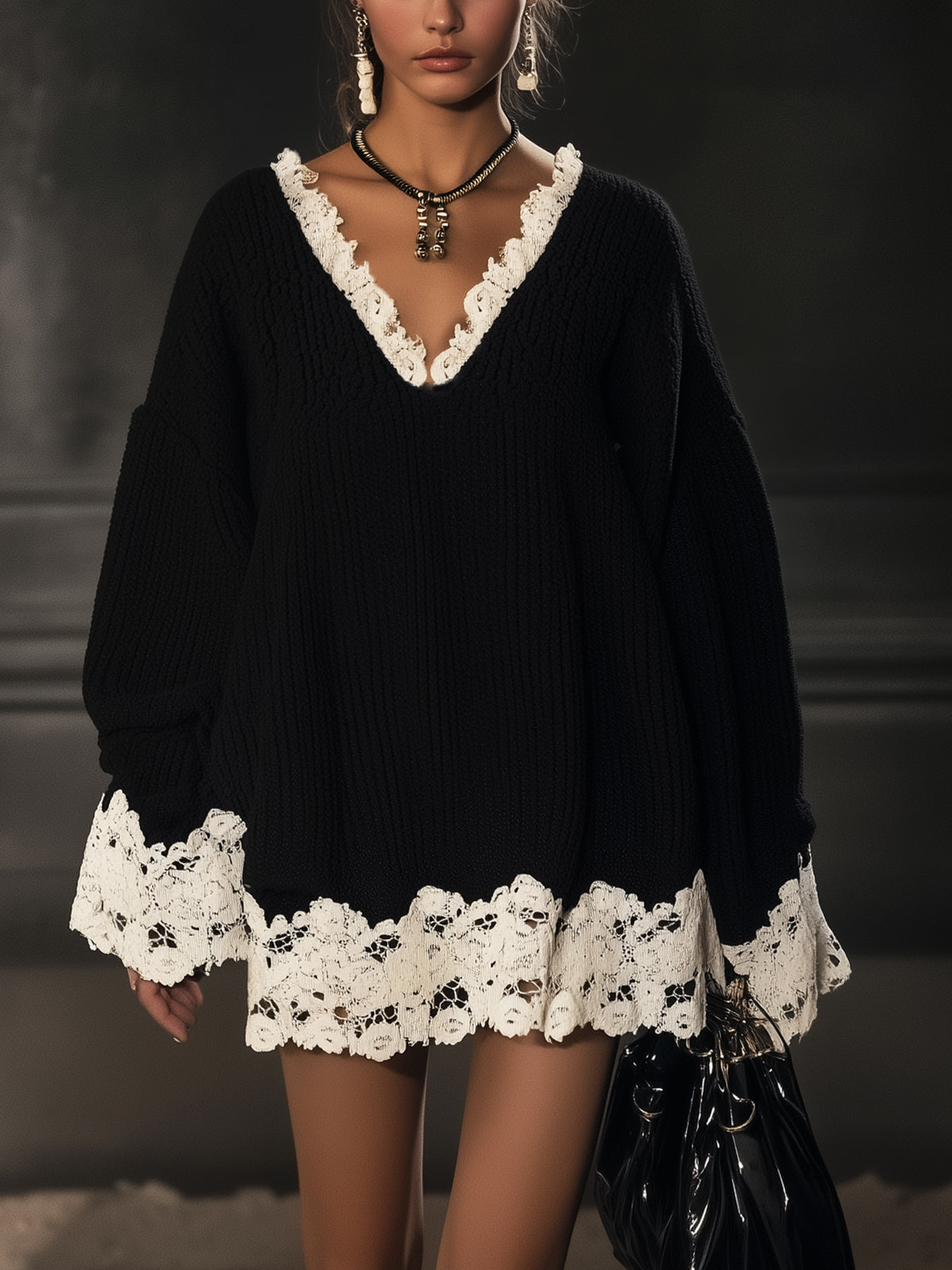 Black Knit Dress With White Lace Trim
