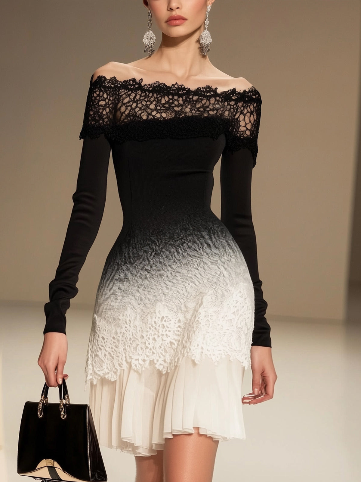 Black To White Ombre Lace Off Shoulder Dress
