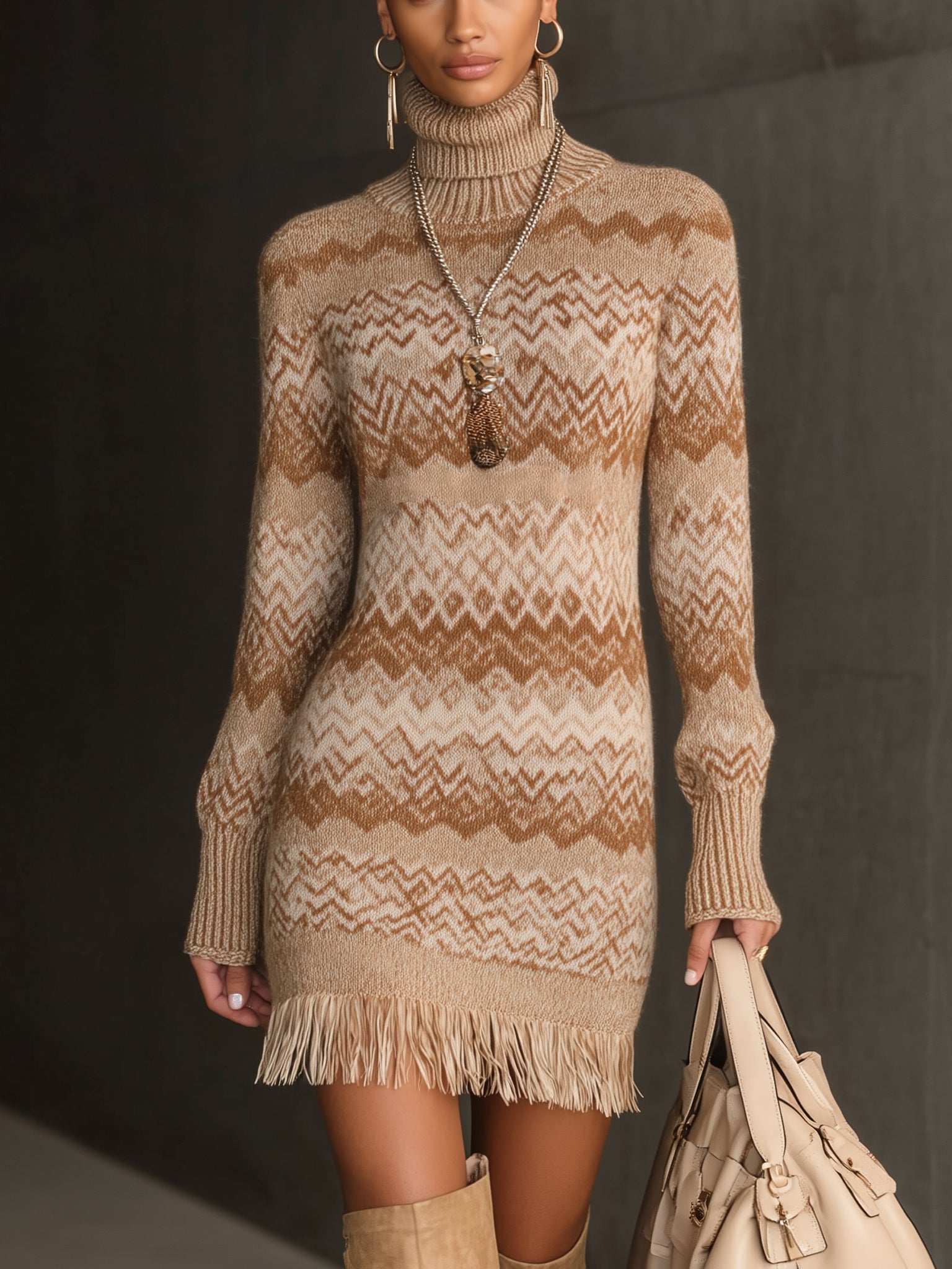 Beige Fair Isle Fringe Turtleneck Knit Long Sleeve Mini Dress