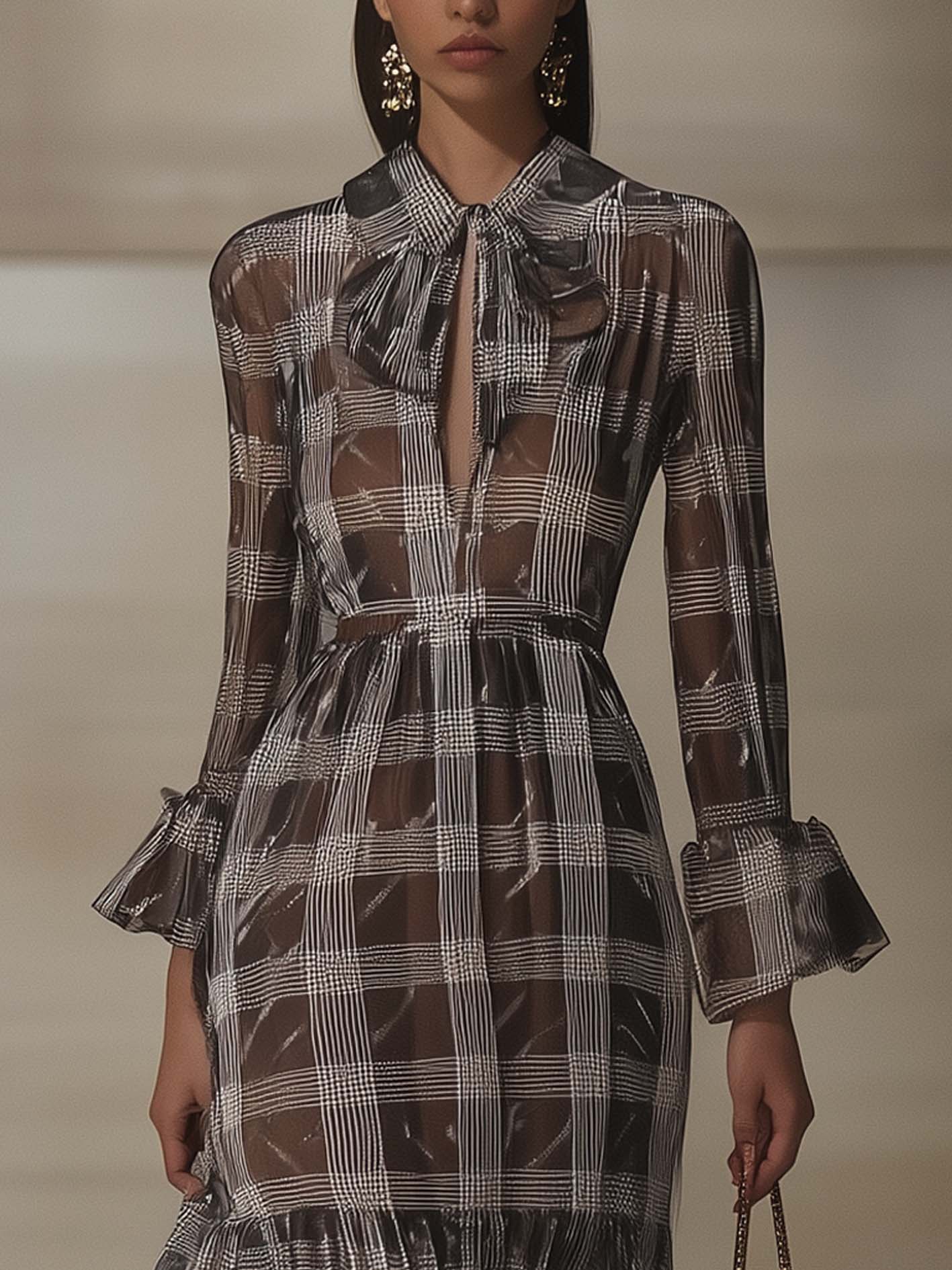 Gray Tencel Midi Dress With Plaid And Bow Tie