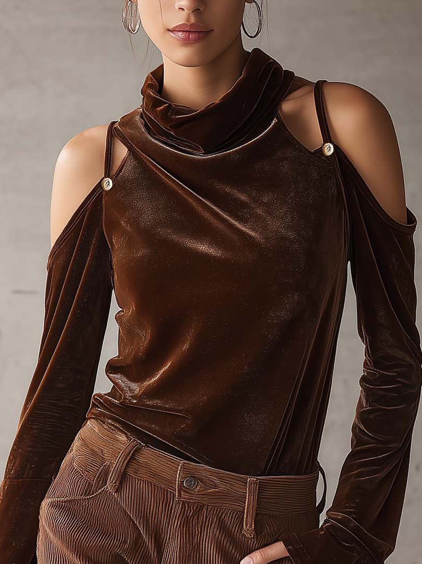 Chocolate Velvet Cold Shoulder Long Sleeve Shirt