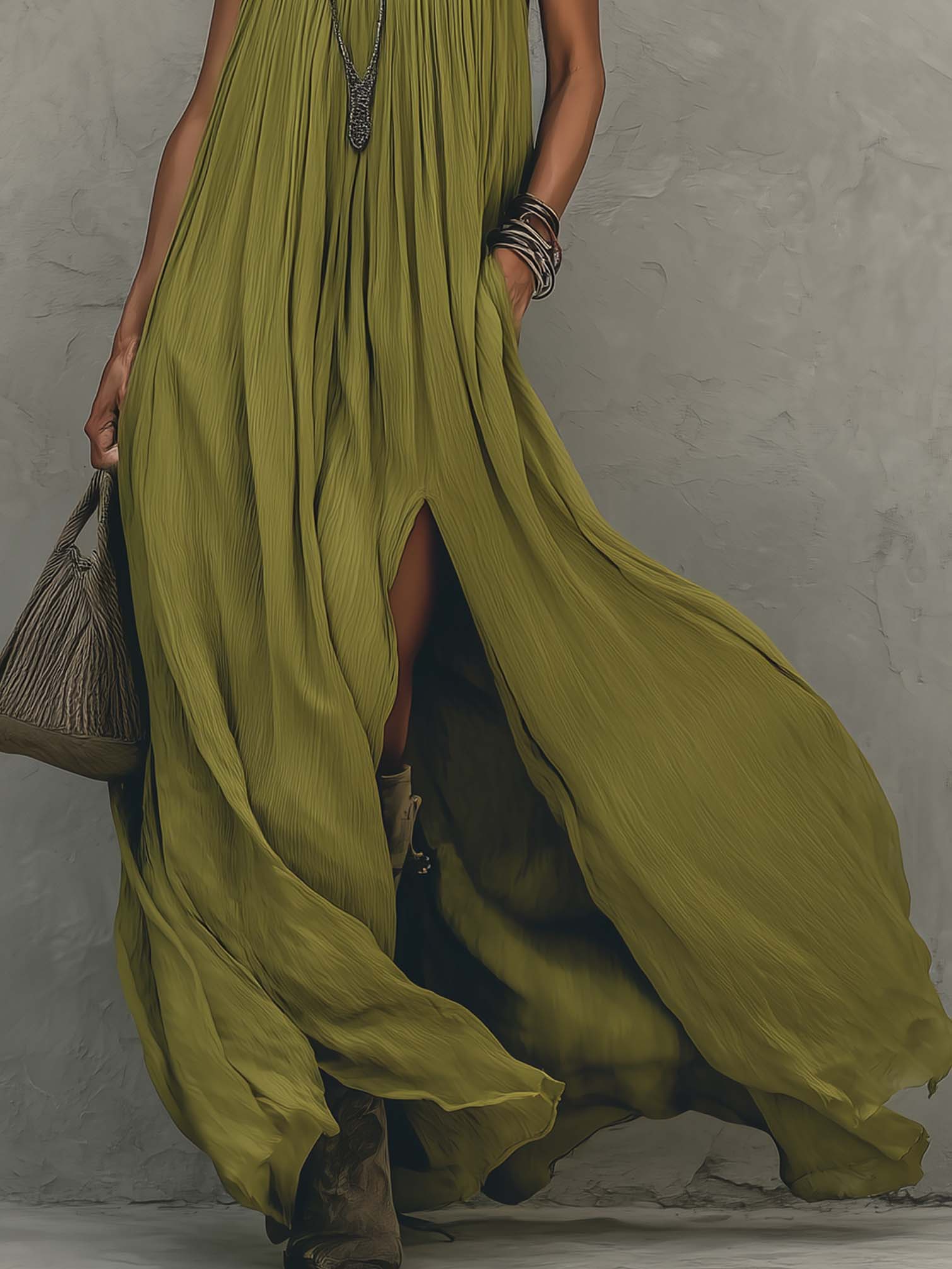 Olive Green Sleeveless Side Slit Pleated Chiffon Maxi Dress