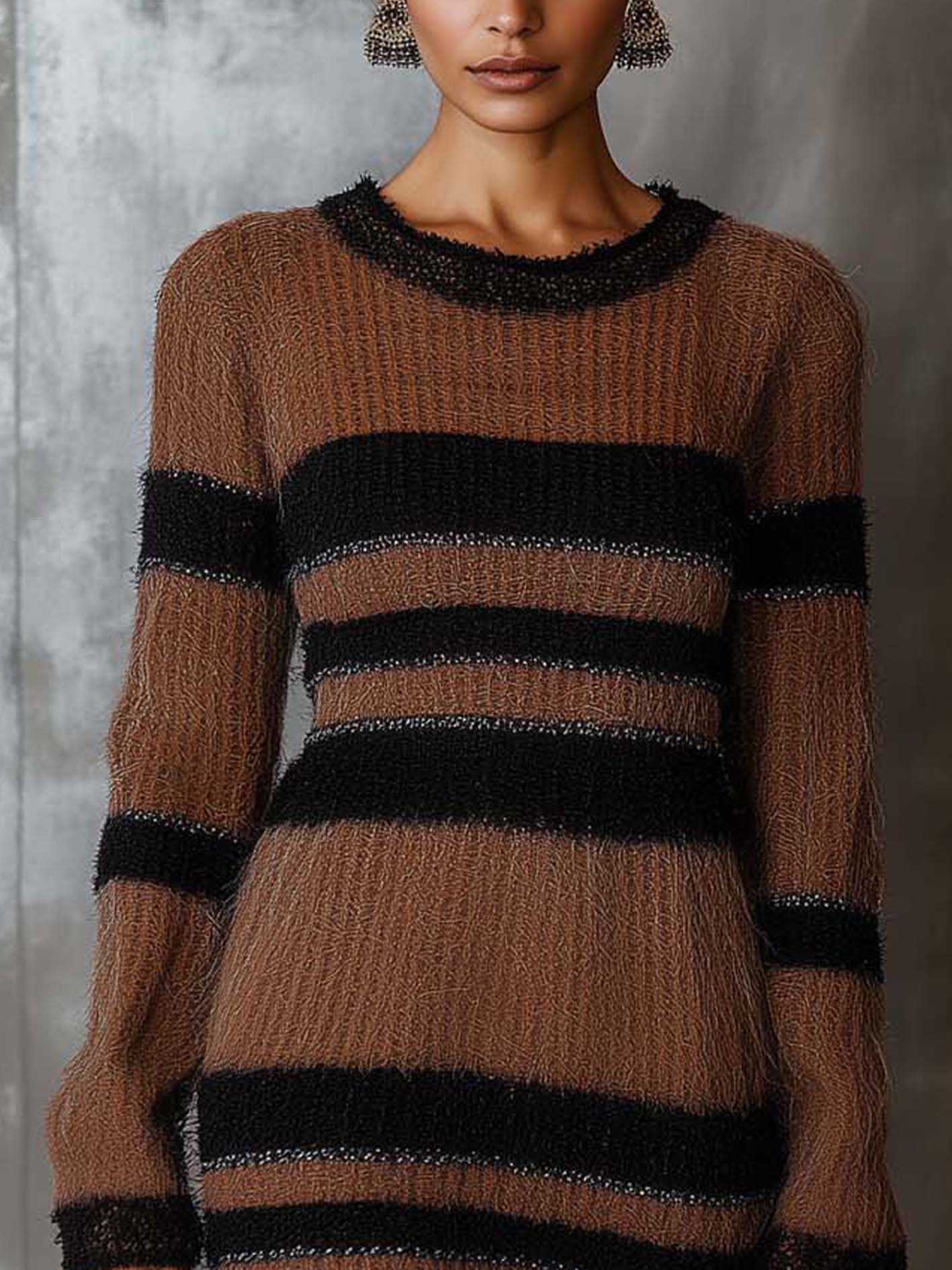 Brown Knitted Mini Dress With Black Stripes And Silver Lines