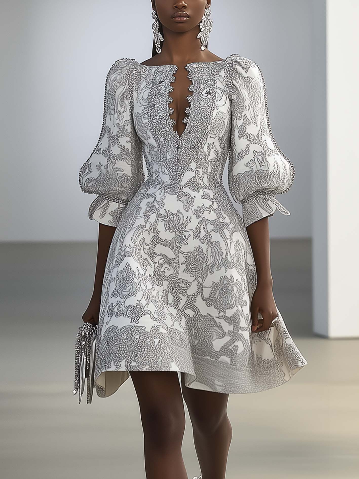 White Mini Dress With Gray Baroque Pattern Print
