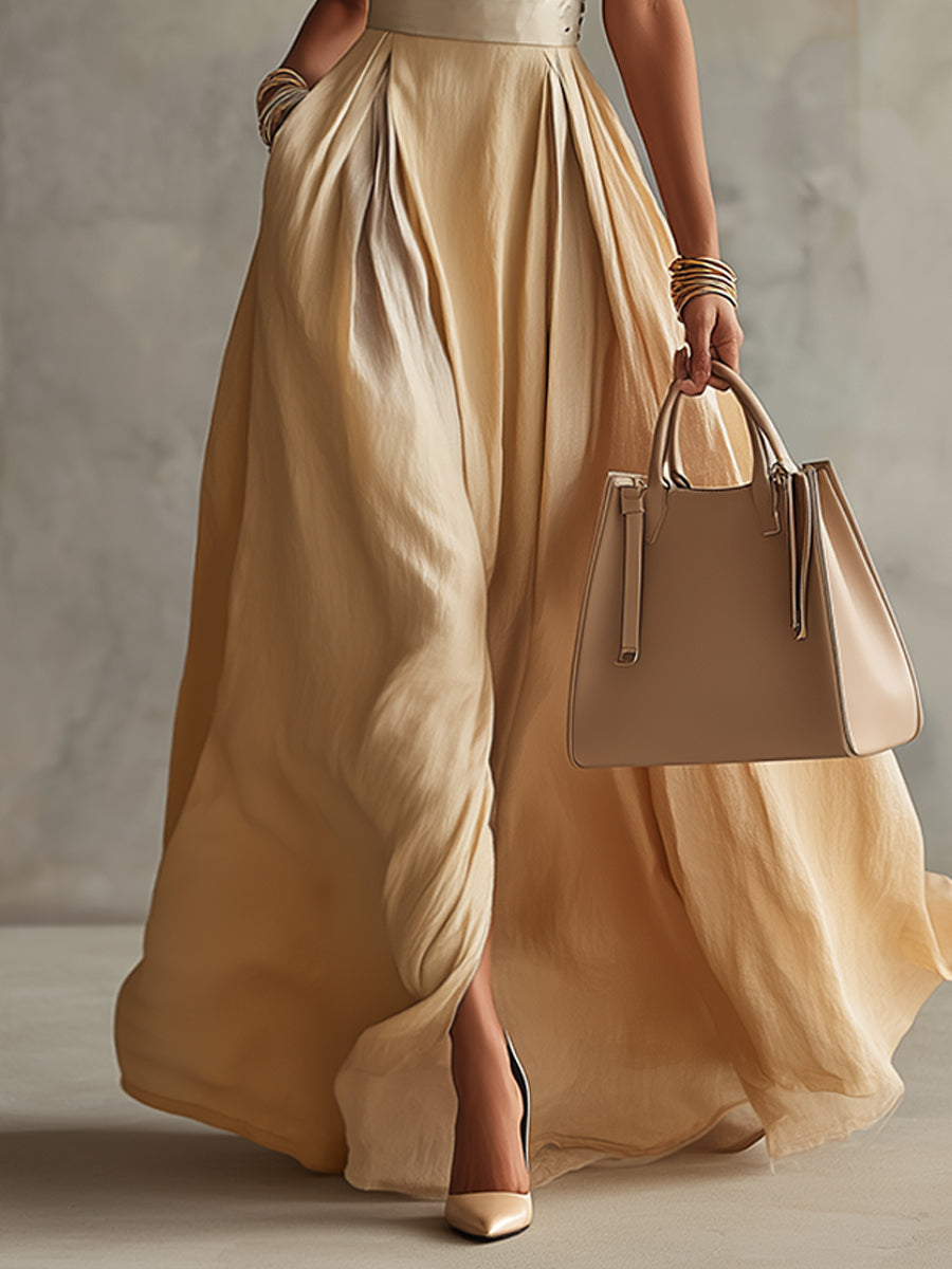 Beige Linen Blend Sleeveless Deep V-Neck Maxi Dress