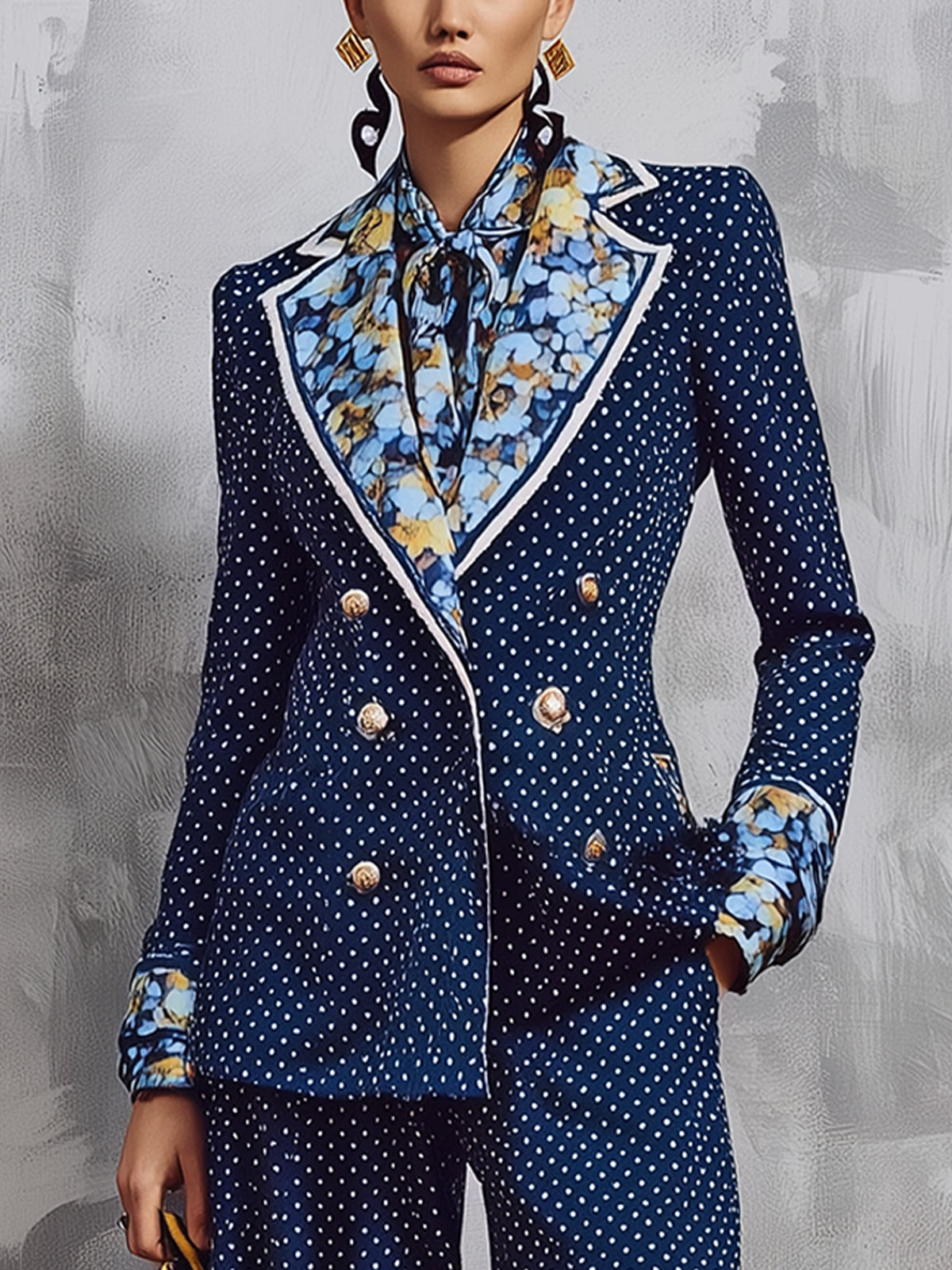 Navy Polka Dot Floral Contrast Double Breasted Suit With Gold Buttons