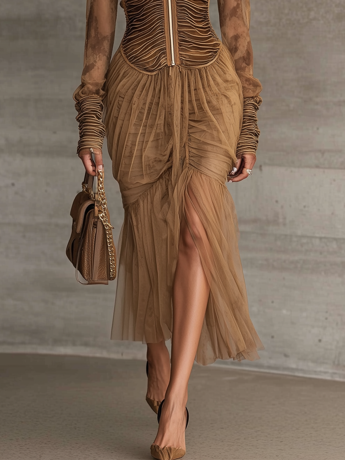 Brown Ruched Mesh Long Sleeve Zip-Front Midi Dress