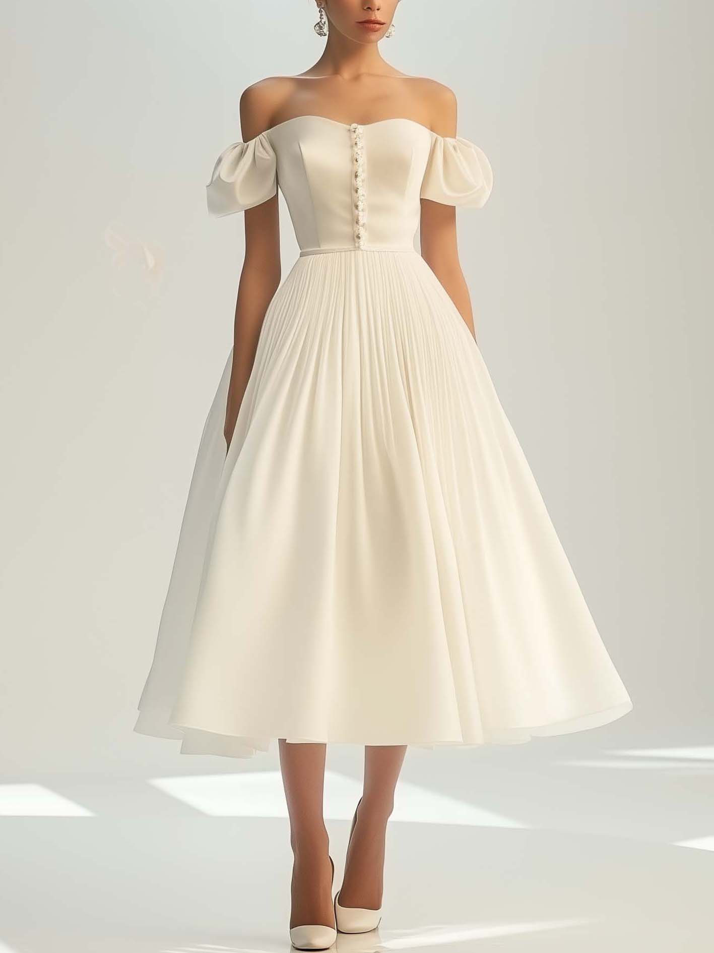 Off Shoulder White Satin Midi Dress With Buttons