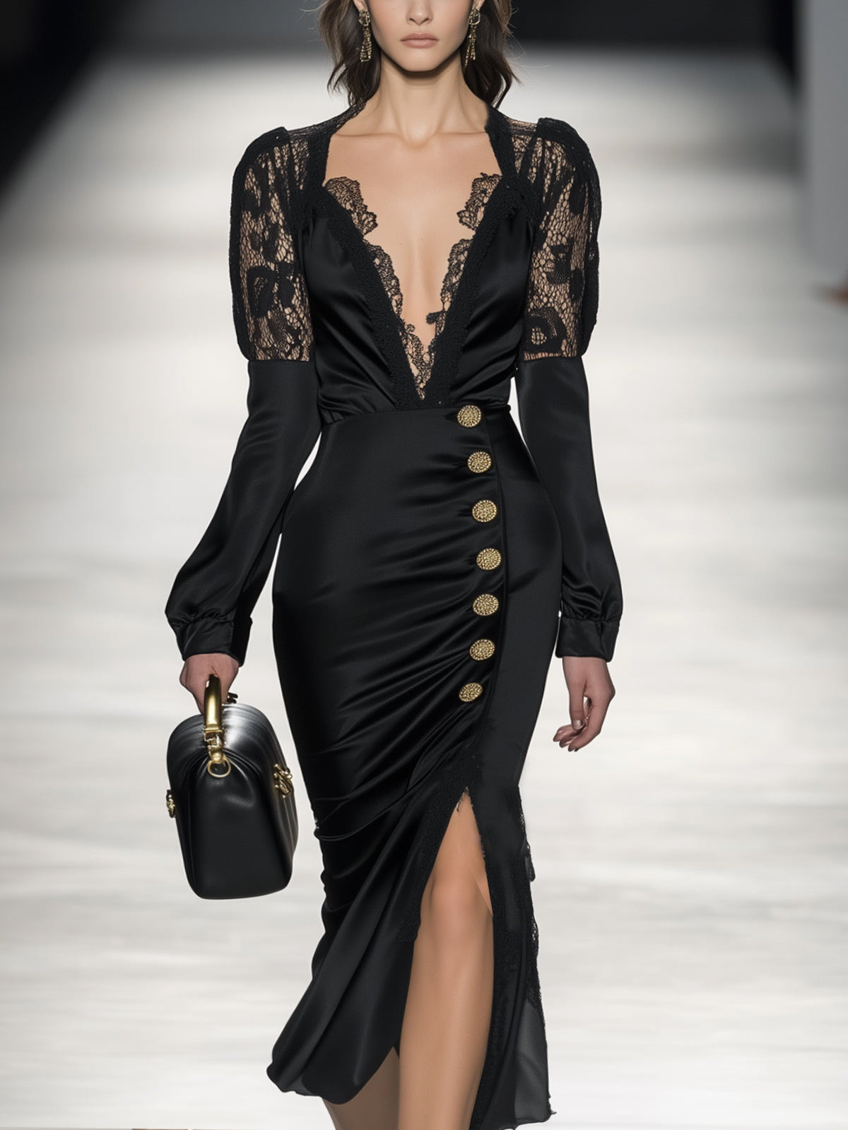 Black Satin Dress With Lace Detailing And Gold Buttons