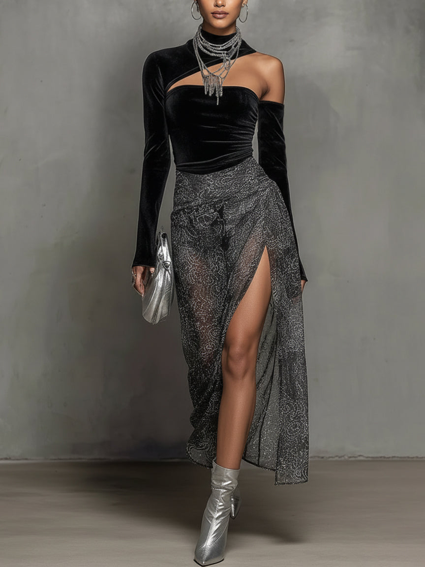 Black Velvet Off Shoulder Top And Chiffon Print Skirt Set