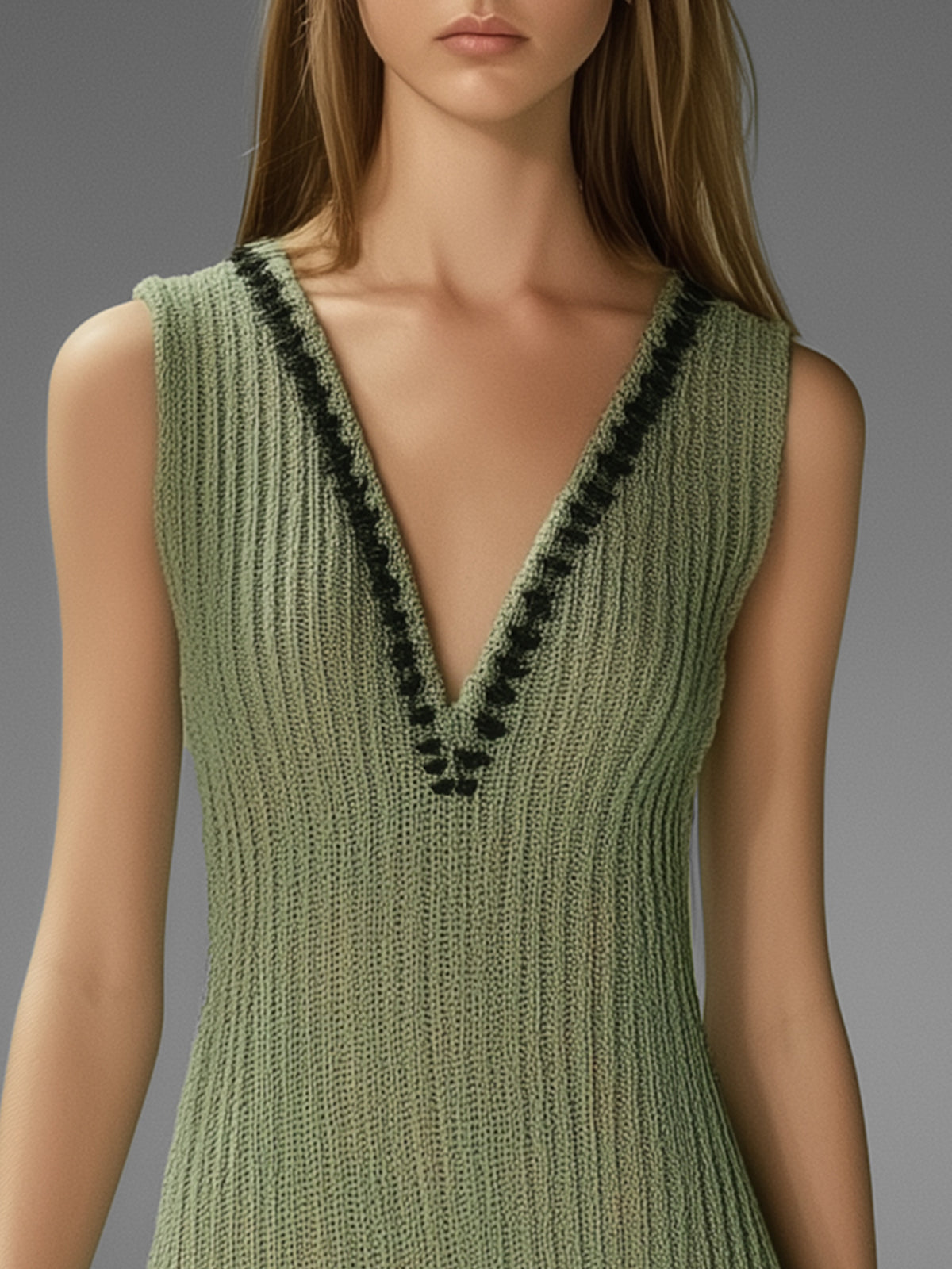 Green Sleeveless Knit Mini Dress With Fringe Hem