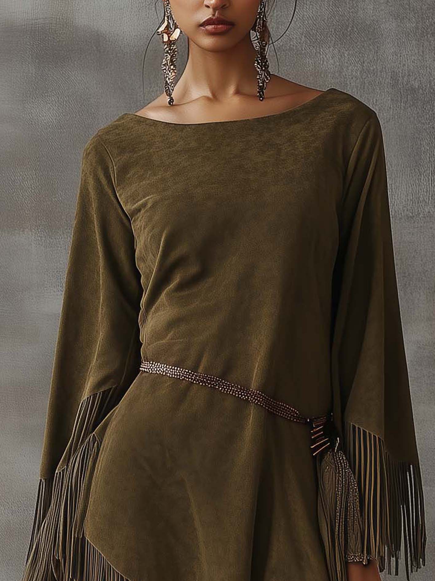 Olive Green Faux Suede Mini Dress With Irregular Tassels