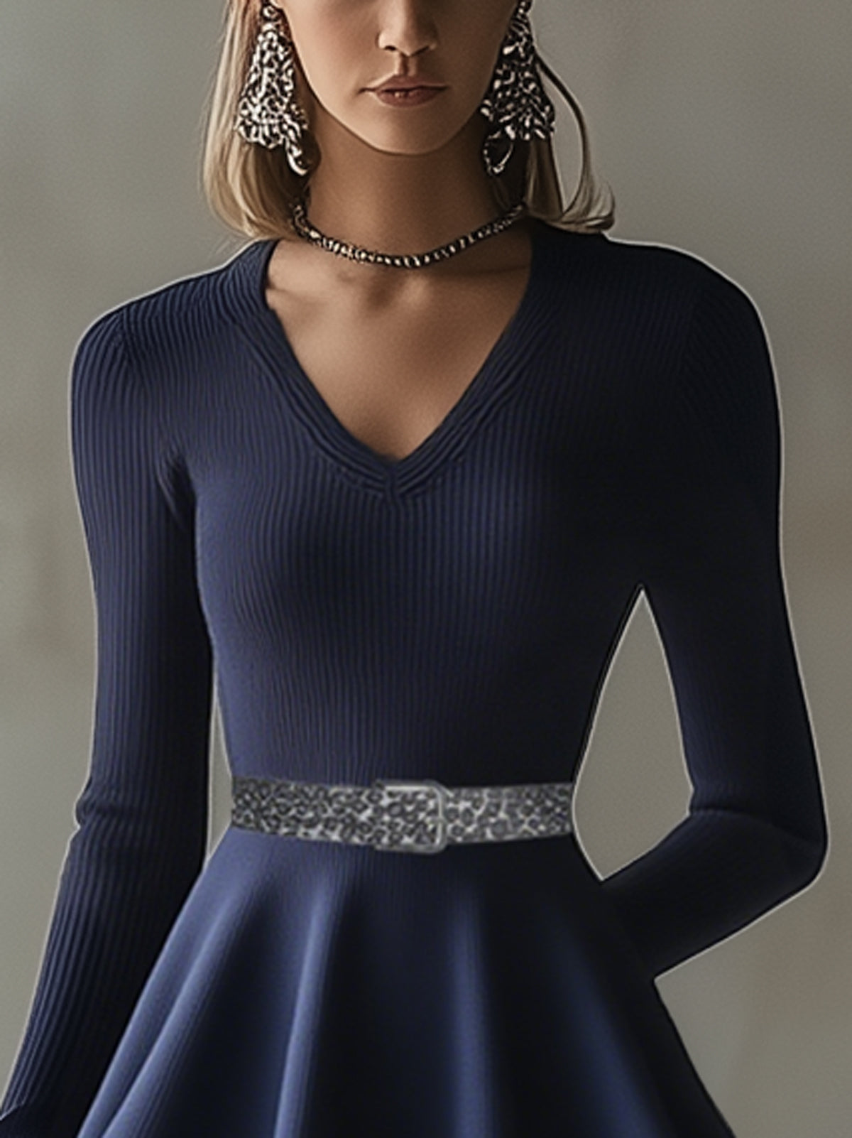 Navy Ribbed Knit Cinched Waist V-Neck Long Sleeve Mini Dress