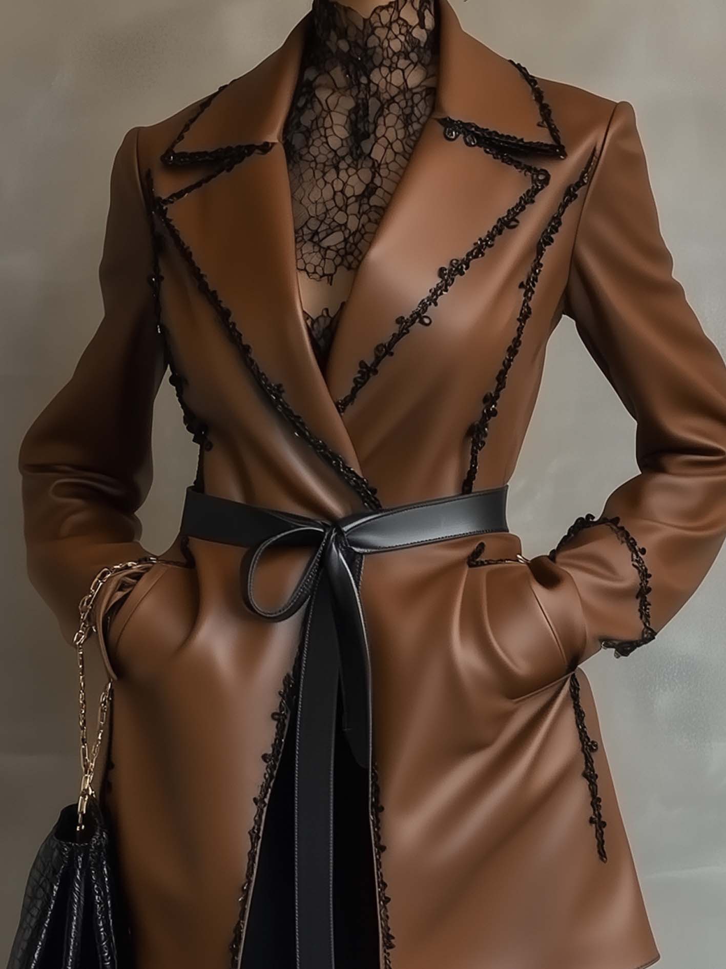 Brown Faux Leather Jacket With Stylish Black Webbing And Belt