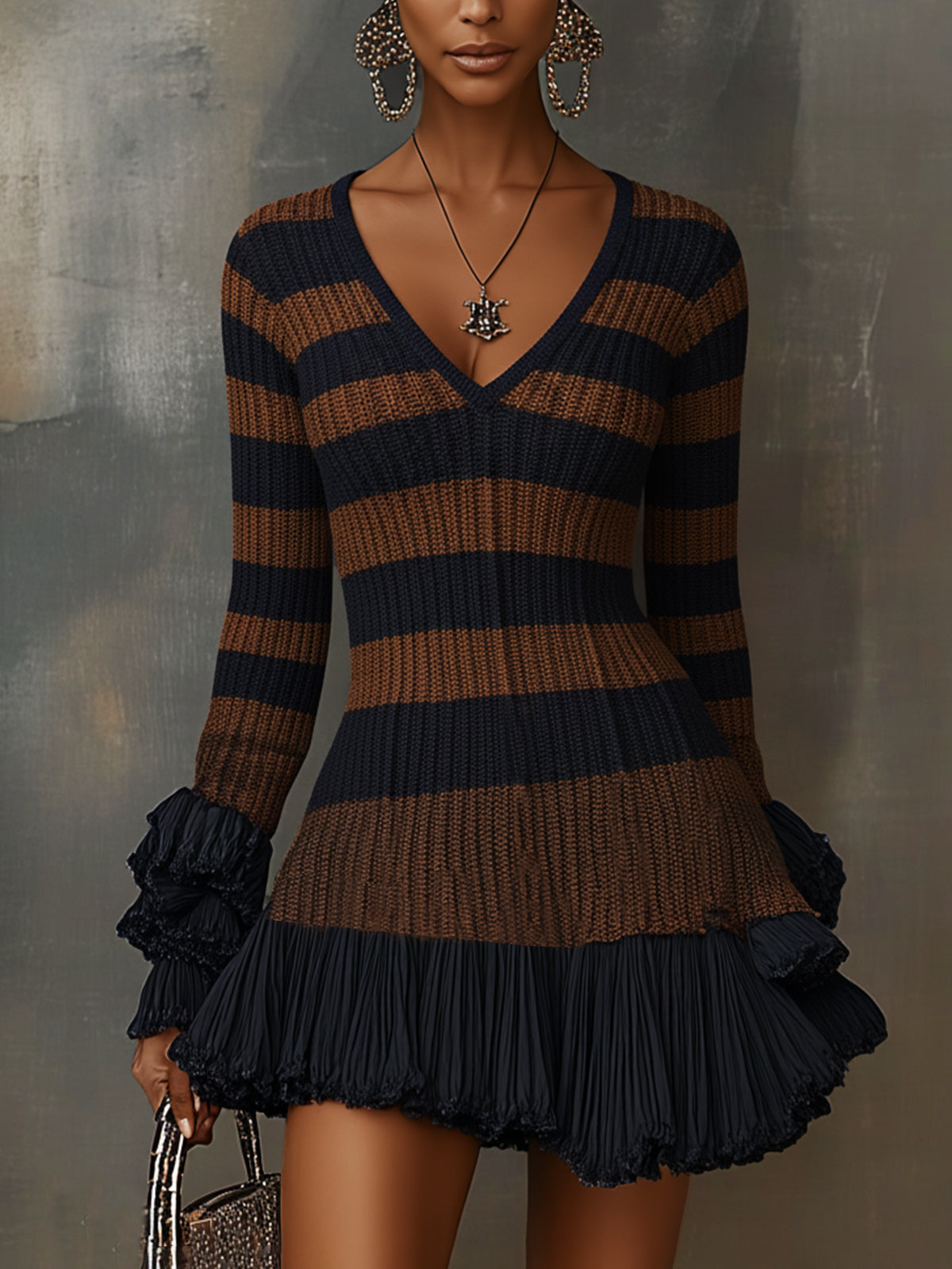 Brown Striped Elegance V-Neck Knit Dress