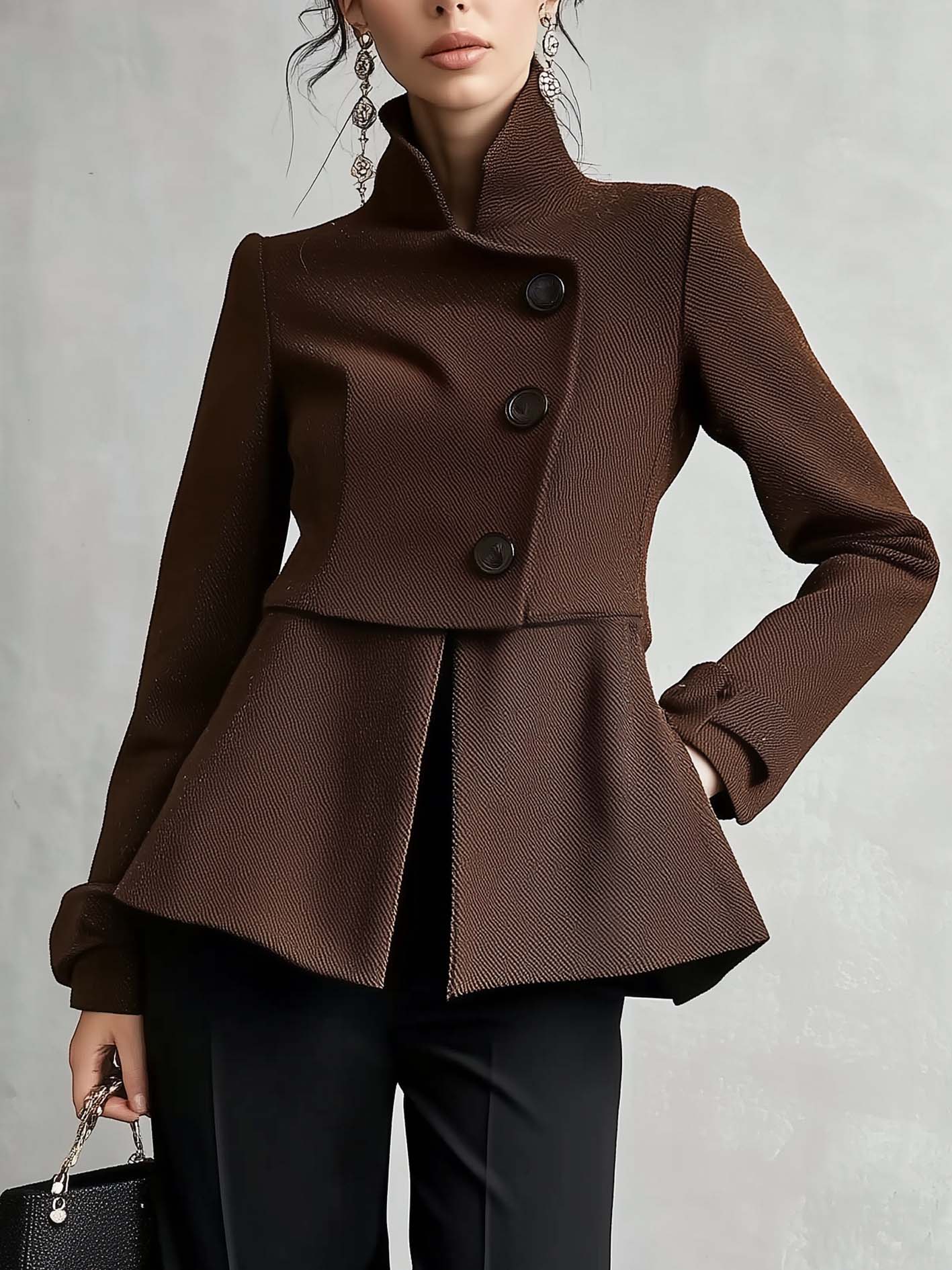 Brown Stand-up Collar Jacket With Stylish Double-breasted Buttons