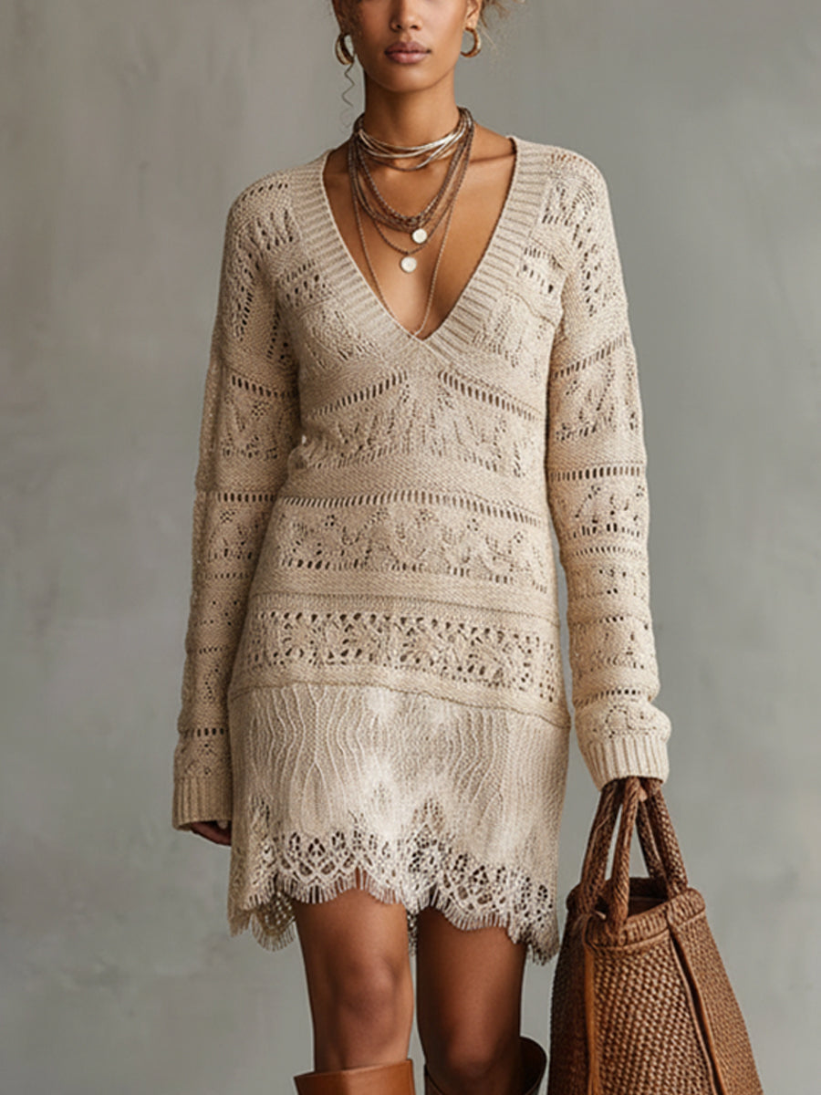 Beige Crochet Knit V-Neck Mini Dress With Lace Hem