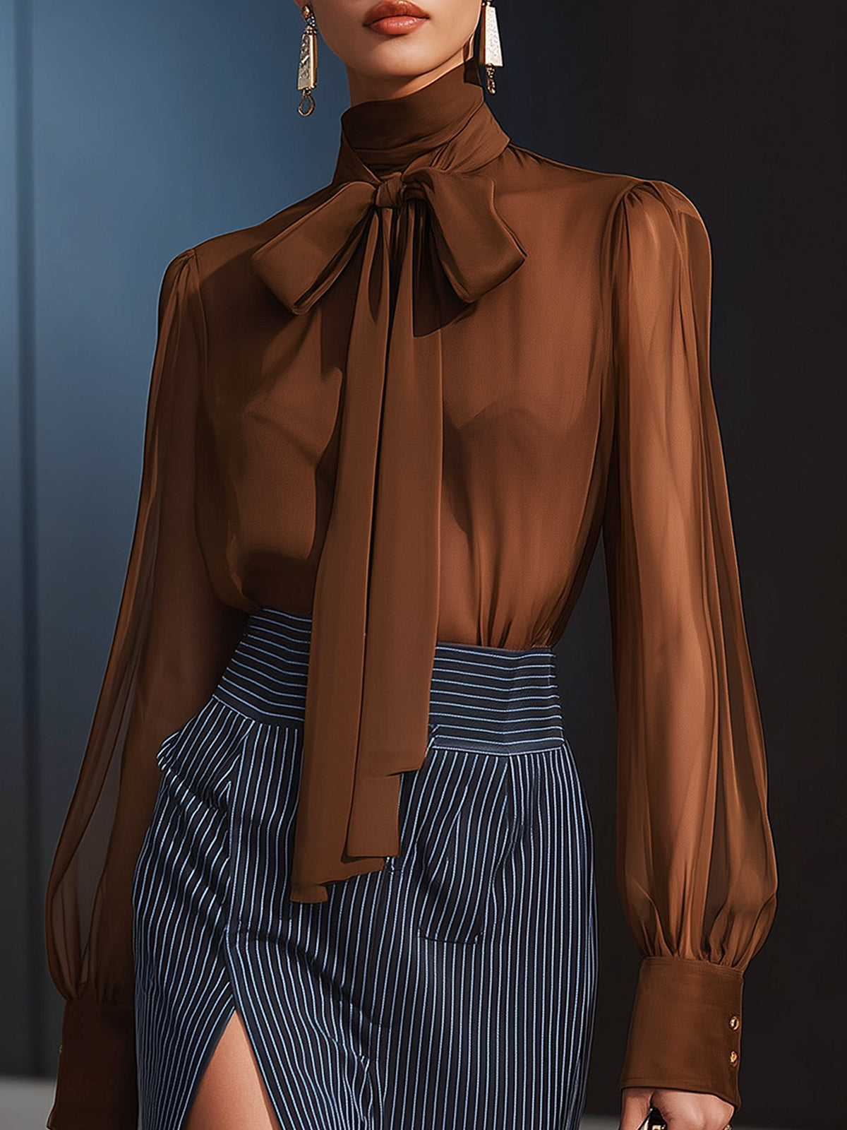 Elegant Chocolate Brown Sheer Bow Tie Blouse