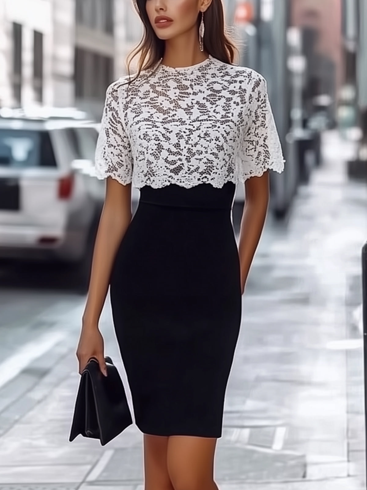 Fashion Black And White Lace Panel Bodycon Dress