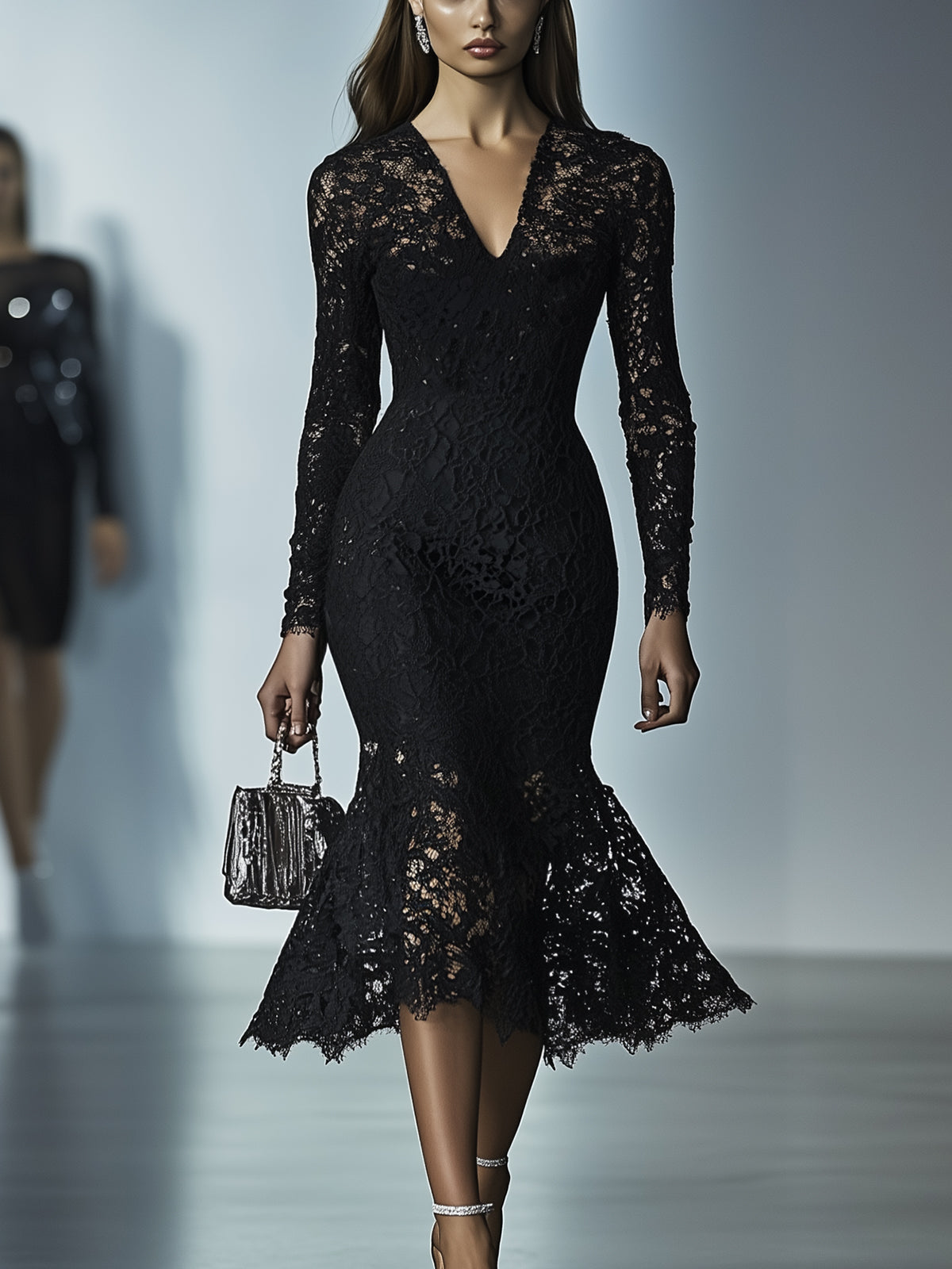 Black Lace V-Neck Long-Sleeve Mermaid Hem Fitted Dress