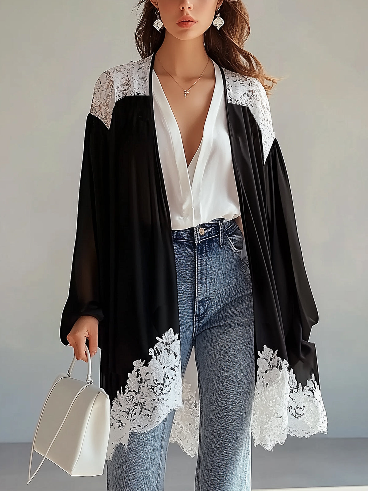 Lace Patchwork Chiffon Cardigan