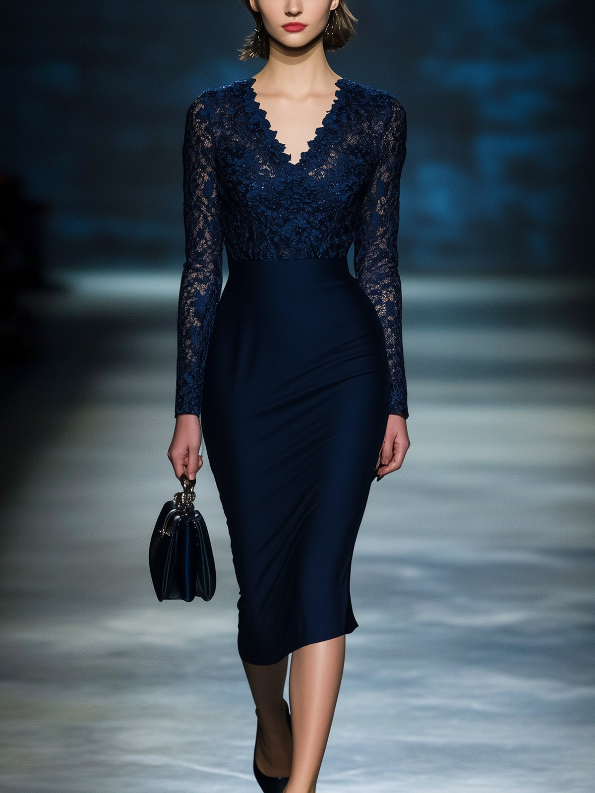 Dark Blue Lace Panel Bodycon Dress