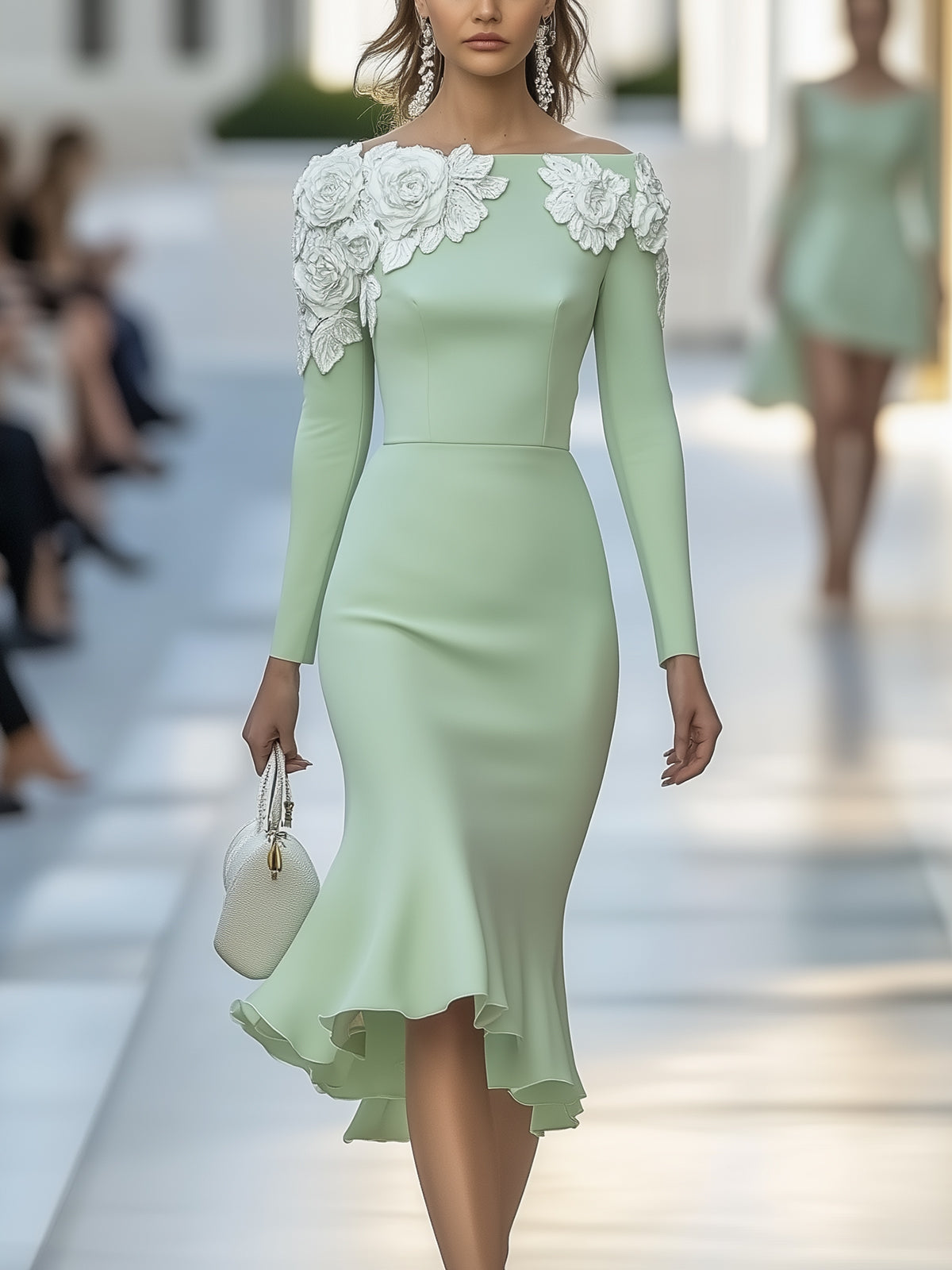 Light Green Long Sleeve Bodycon Dress With 3D Floral Embellishments And Mermaid Hem