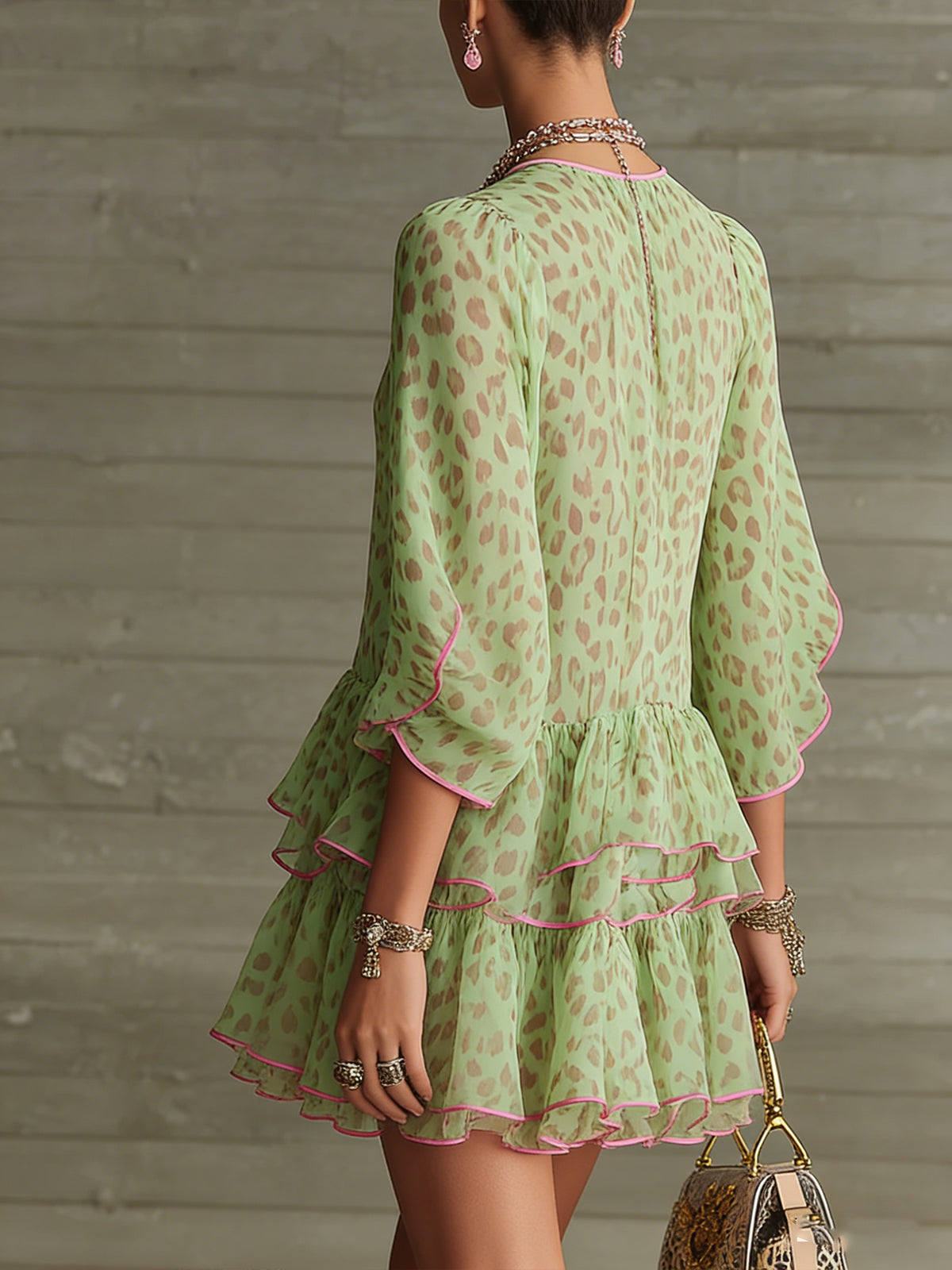 Green Leopard Print Chiffon Tiered Ruffle Mini Dress
