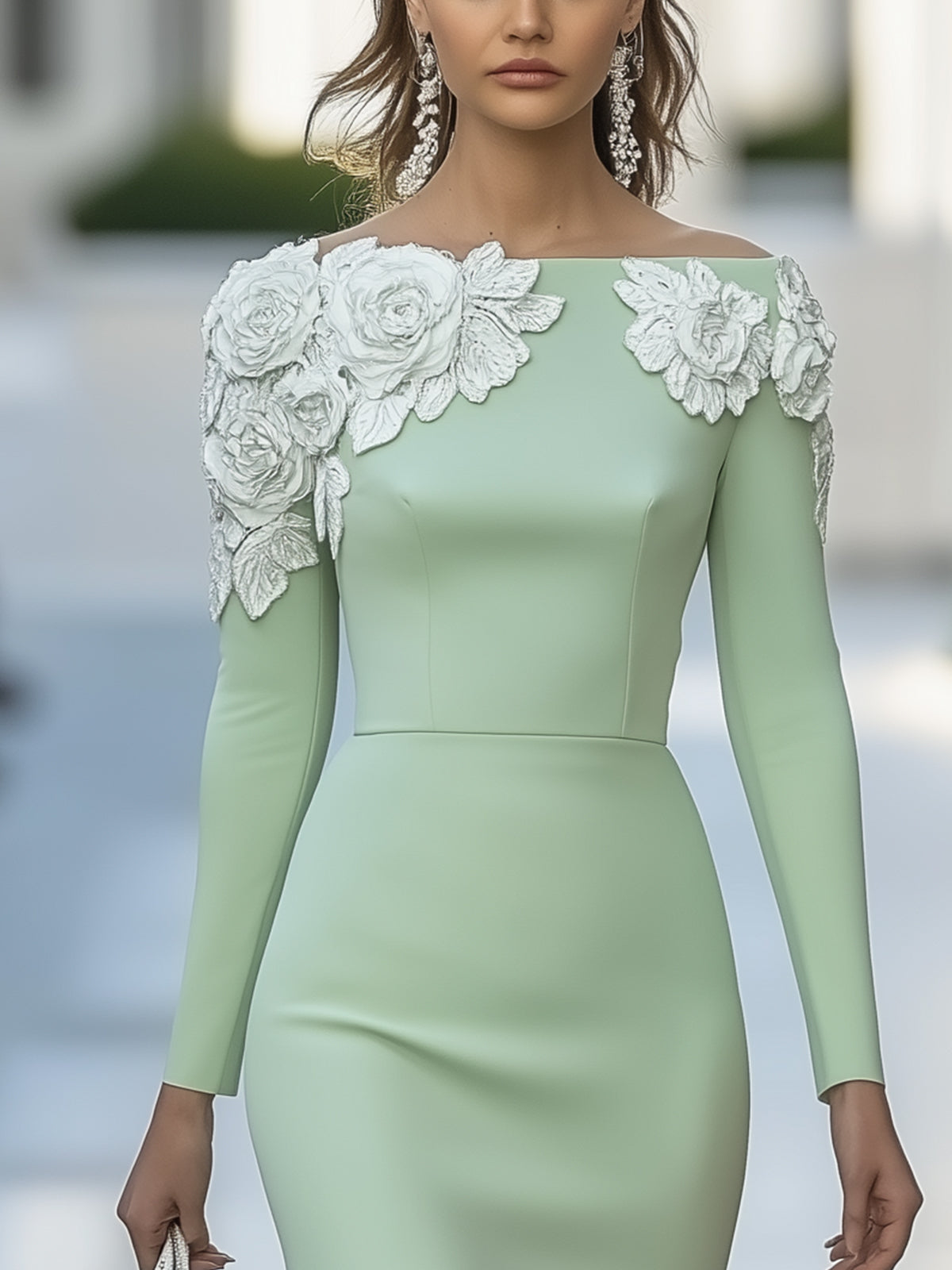 Light Green Long Sleeve Bodycon Dress With 3D Floral Embellishments And Mermaid Hem