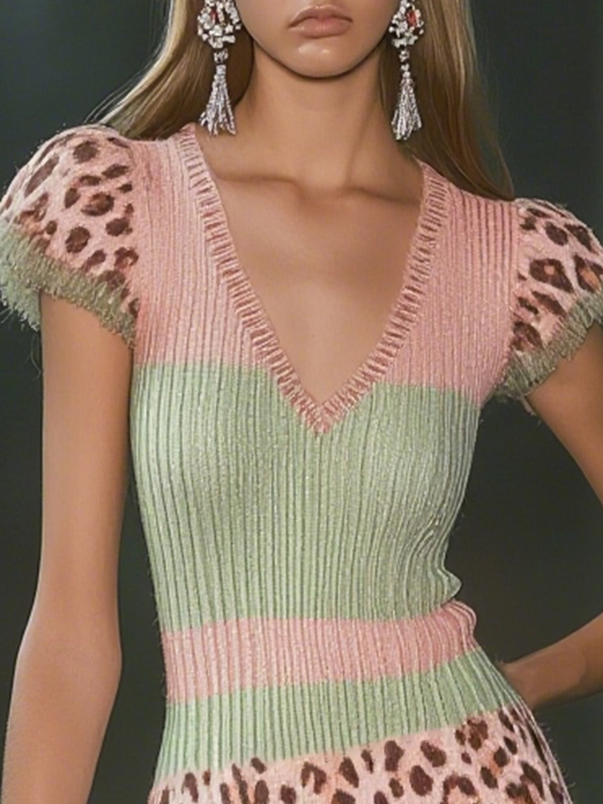 Pink And Green Ribbed Knit Leopard Print Dress