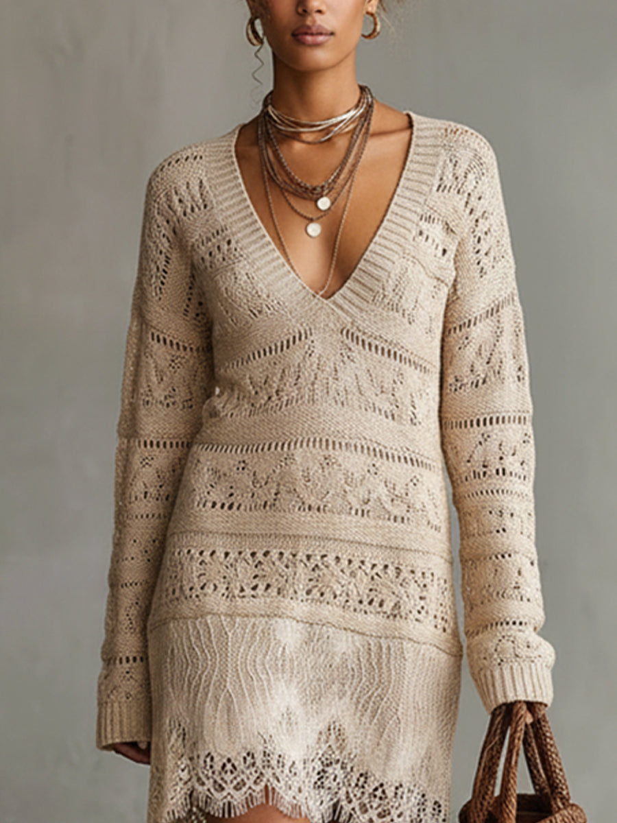 Beige Crochet Knit V-Neck Mini Dress With Lace Hem
