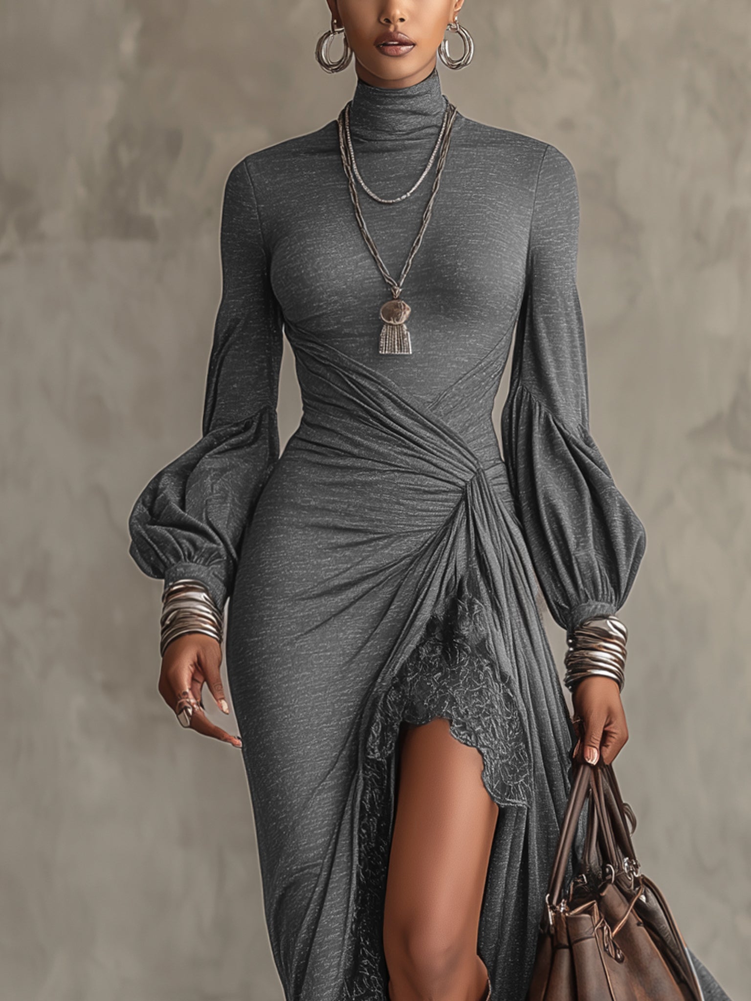 Gray Knitted Lace Hem Puff Sleeve Maxi Dress