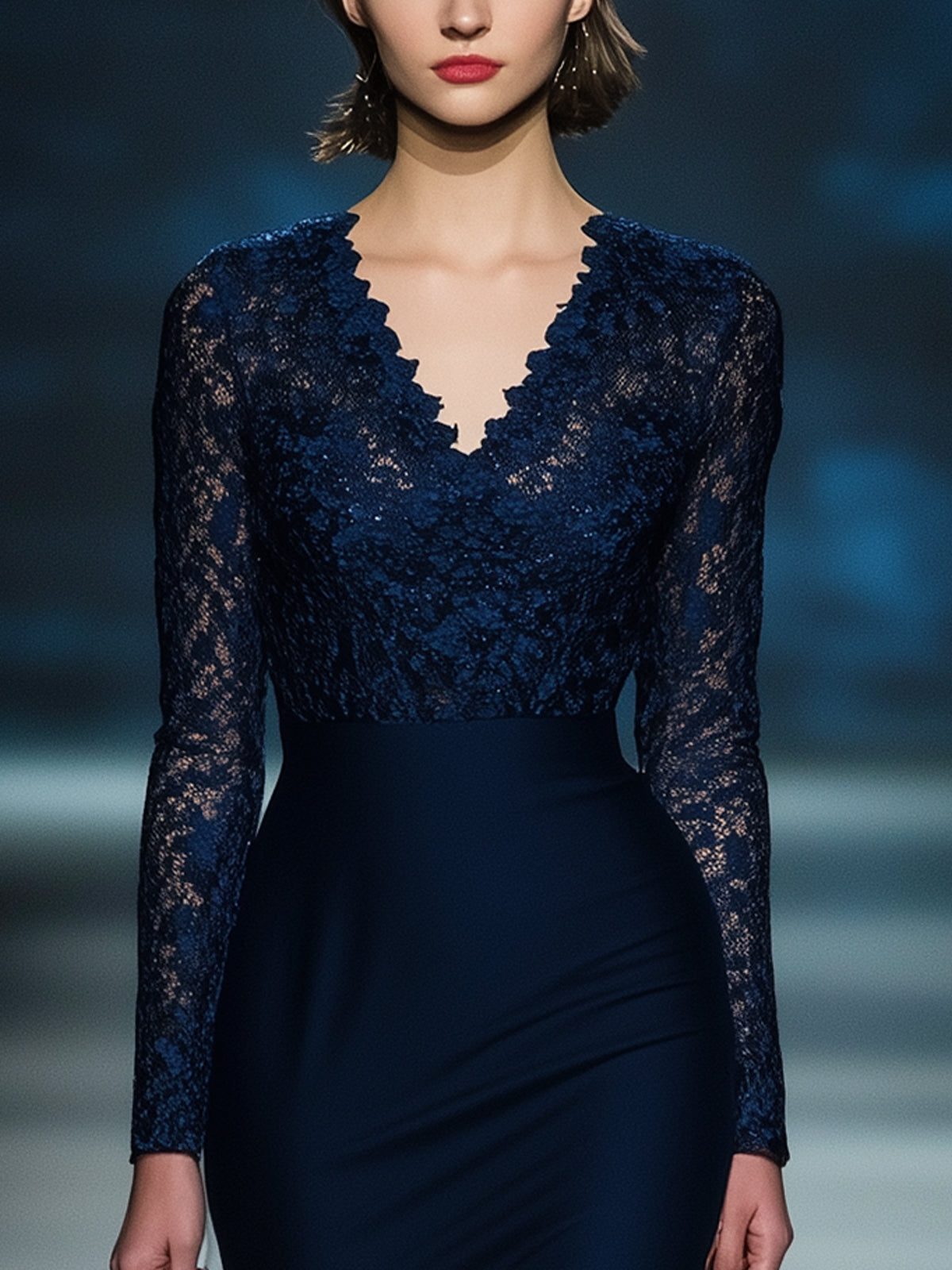 Dark Blue Lace Panel Bodycon Dress