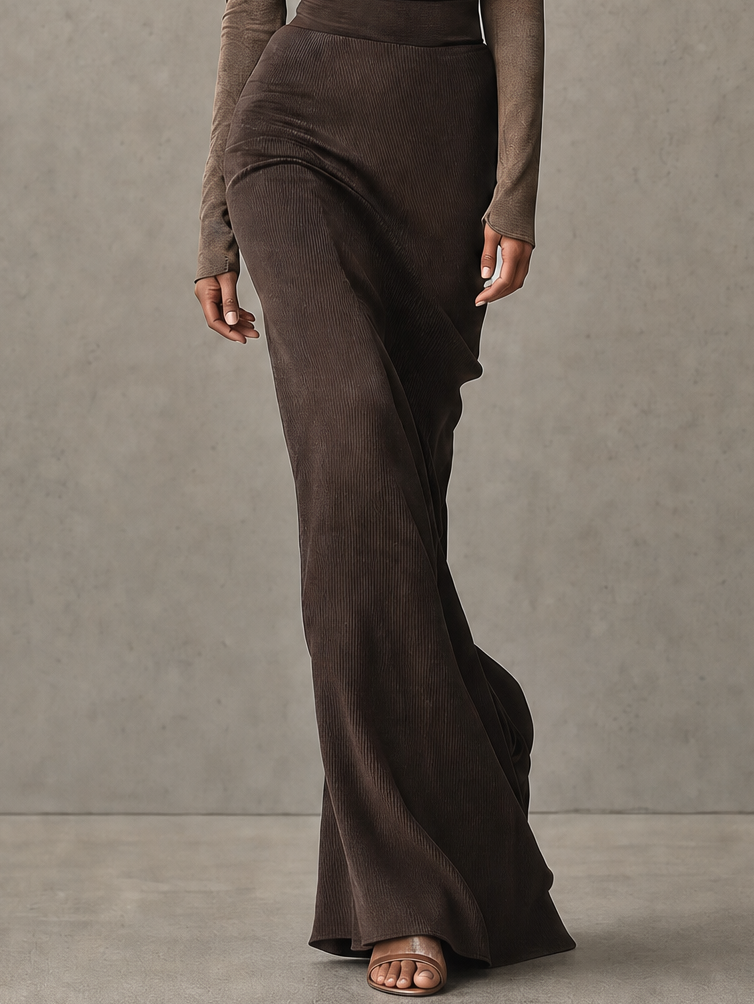 Chocolate Brown Ribbed Maxi Dress Set With Suede Sleeves And Draped Cape Overlay