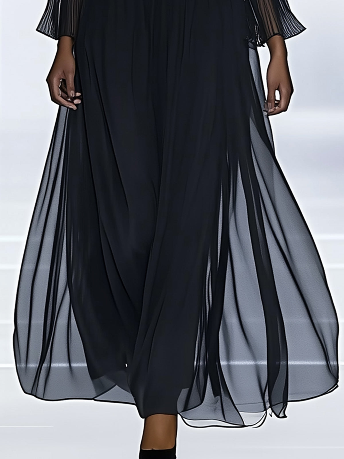 Black Chiffon Maxi Dress With Mesh Neckline And Belt