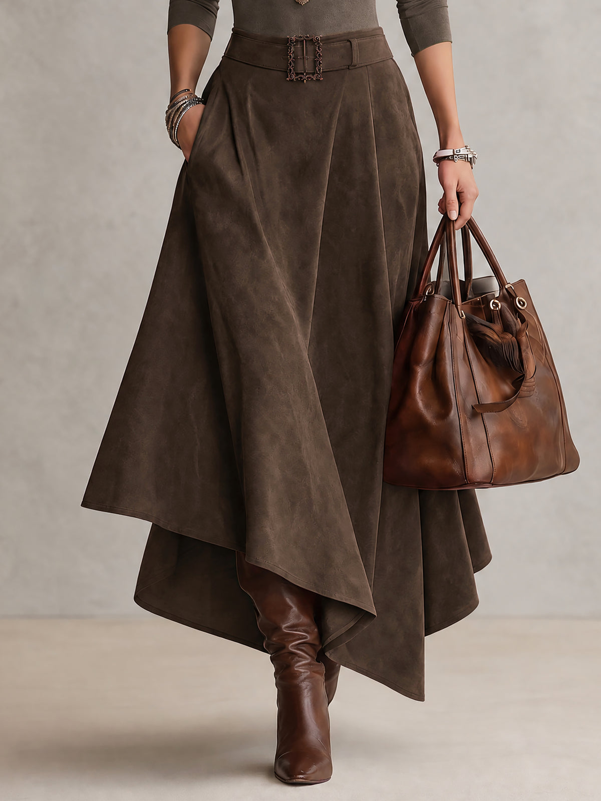 Taupe Stretch Turtleneck Top And Asymmetrical Suede Skirt Set