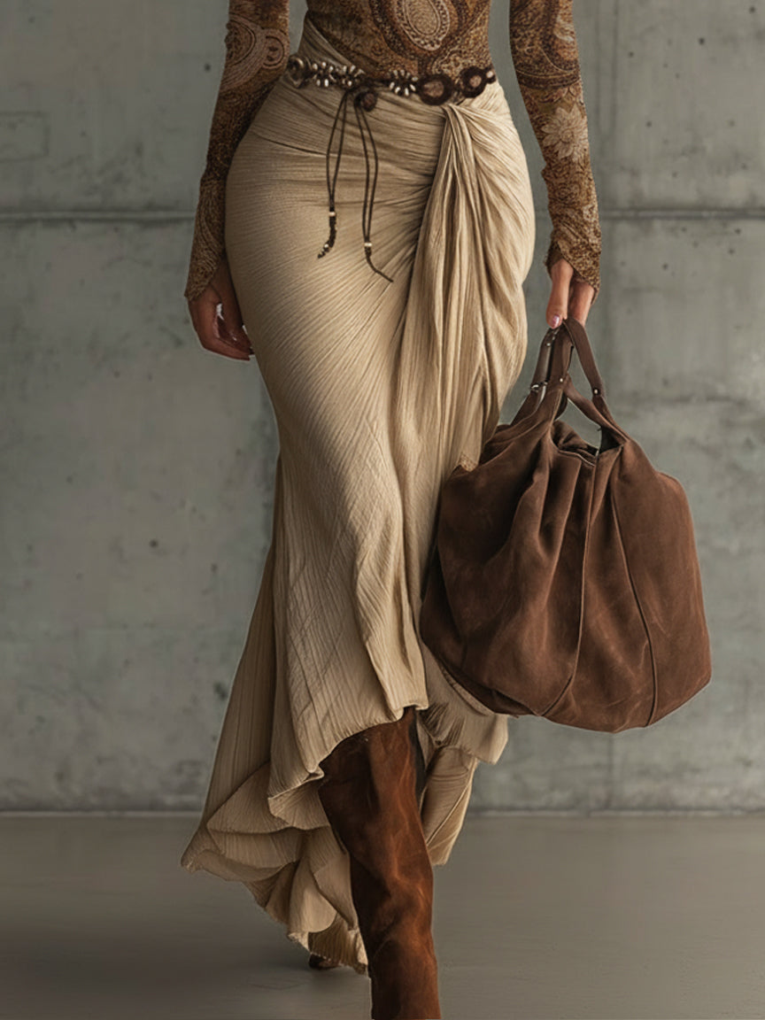 Light Brown Printed Top And Skirt Set With Bohemian Belt