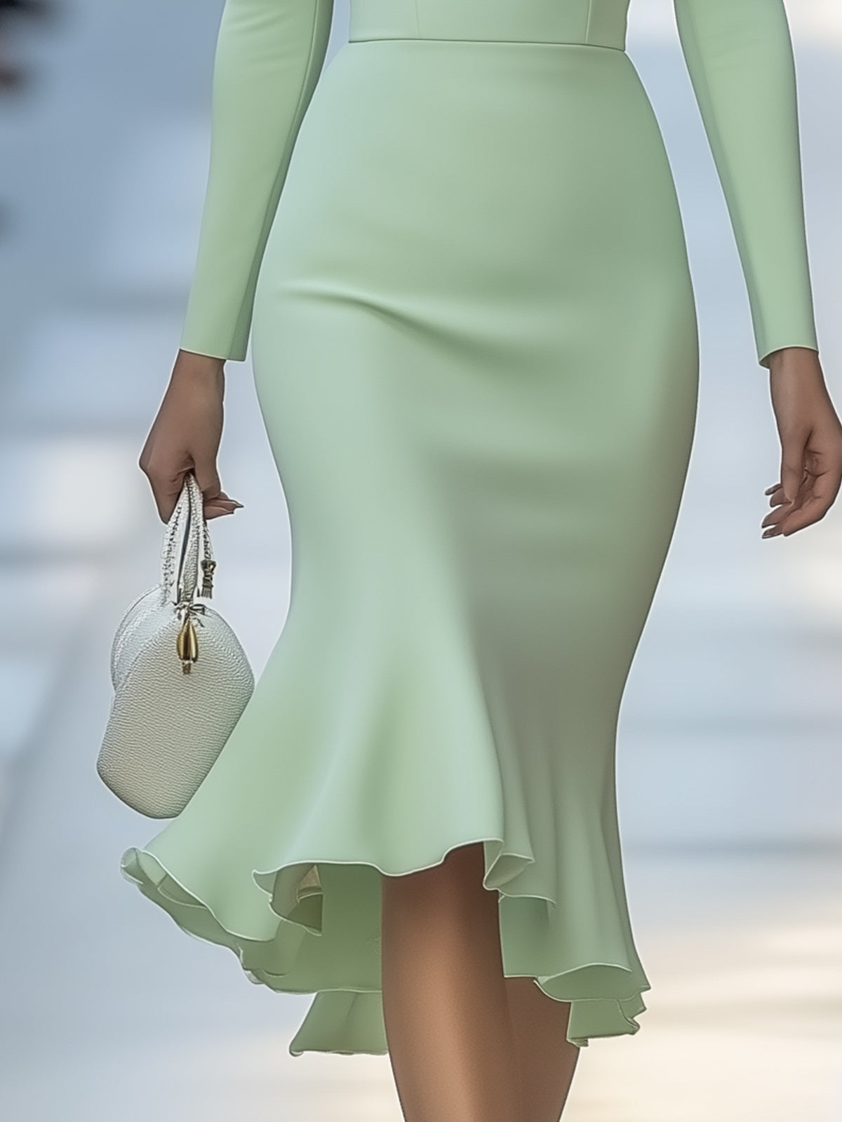 Light Green Long Sleeve Bodycon Dress With 3D Floral Embellishments And Mermaid Hem