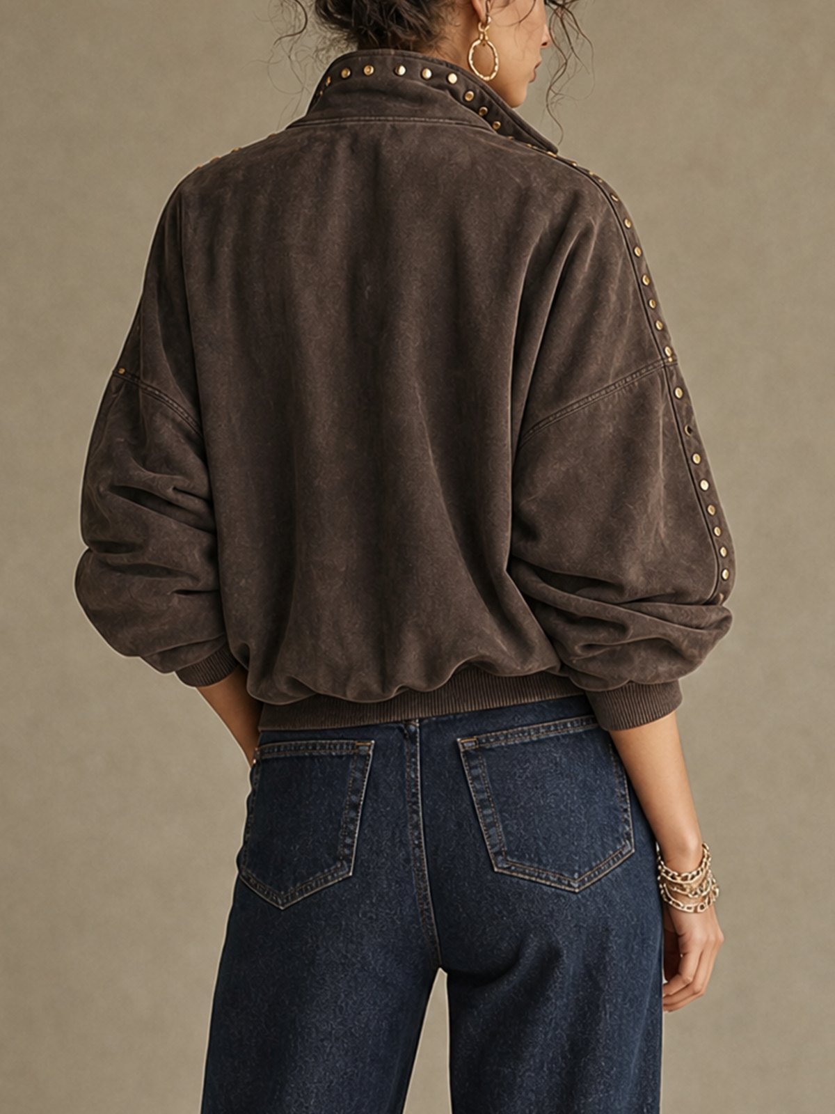 Dark Brown Gold‑Studded Half Zip Stand Collar Suede Top