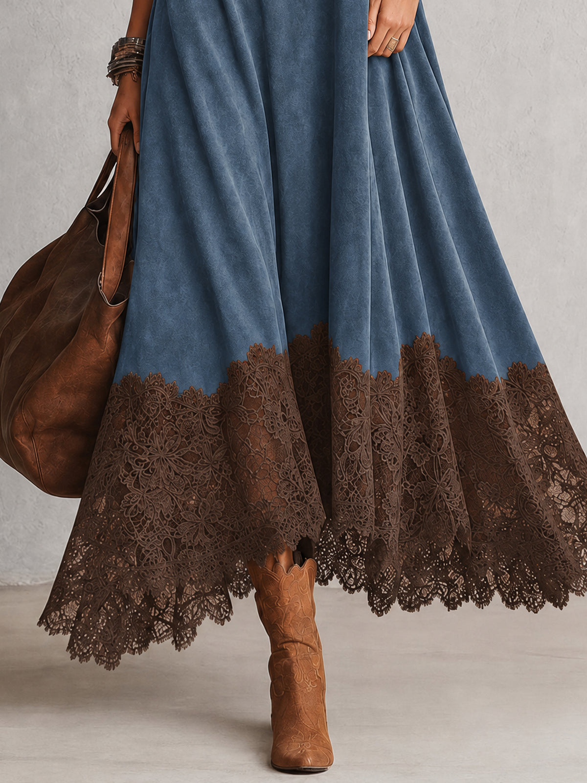 Vintage Brown Suede Feel Long Sleeve Lace Hem Maxi Dress