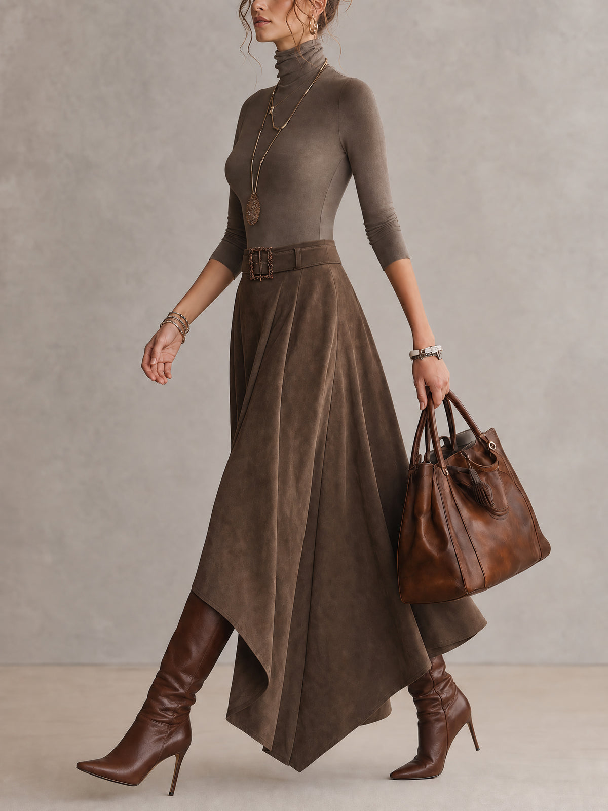 Taupe Stretch Turtleneck Top And Asymmetrical Suede Skirt Set
