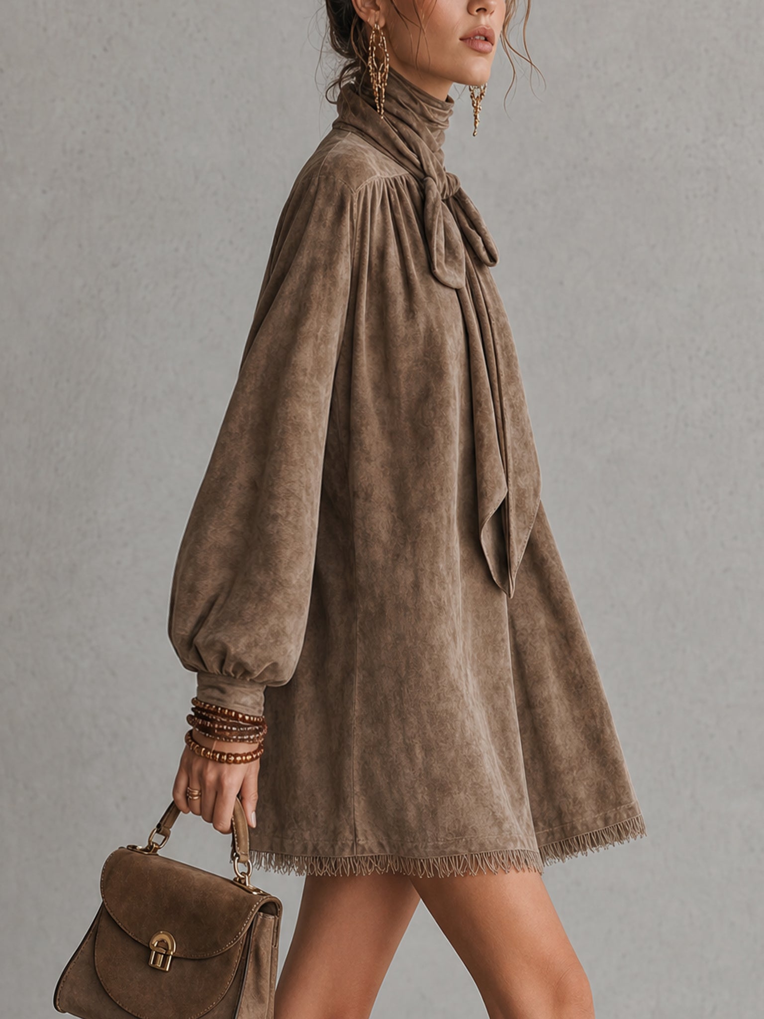 Brown Vintage Faux Suede Loose Mini Dress