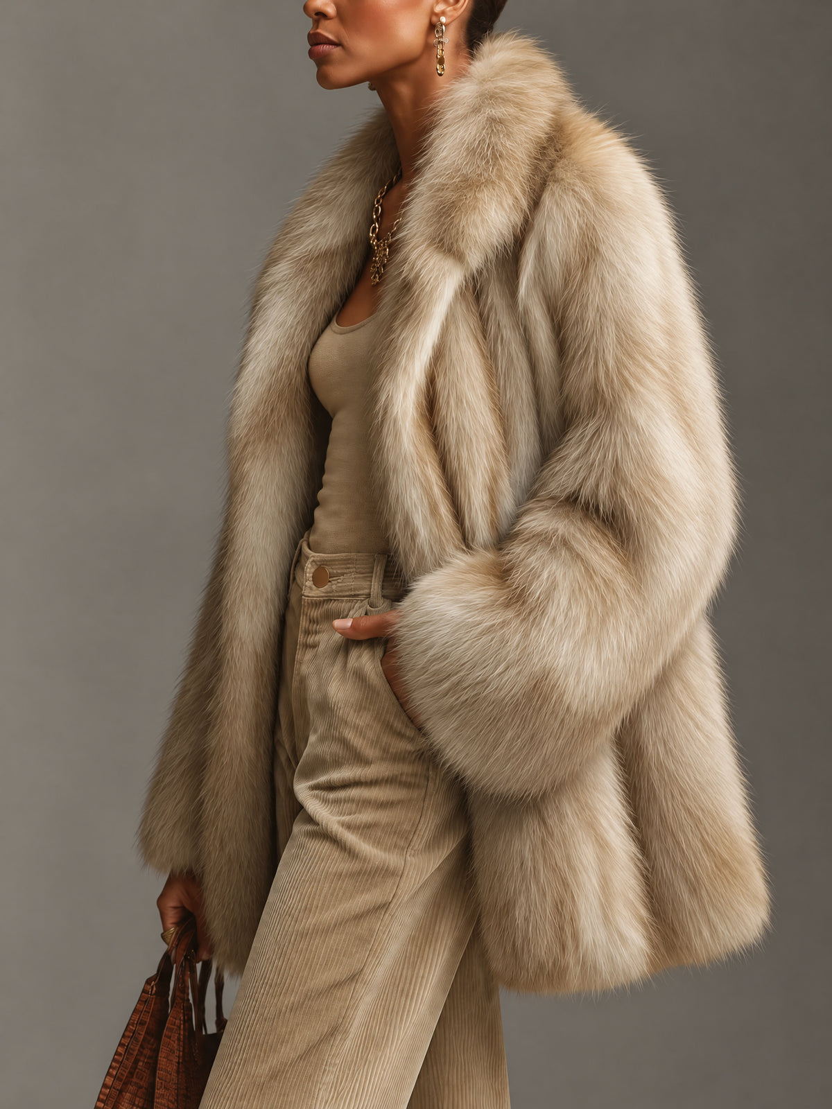 Khaki Gradient Faux Fox Fur Coat