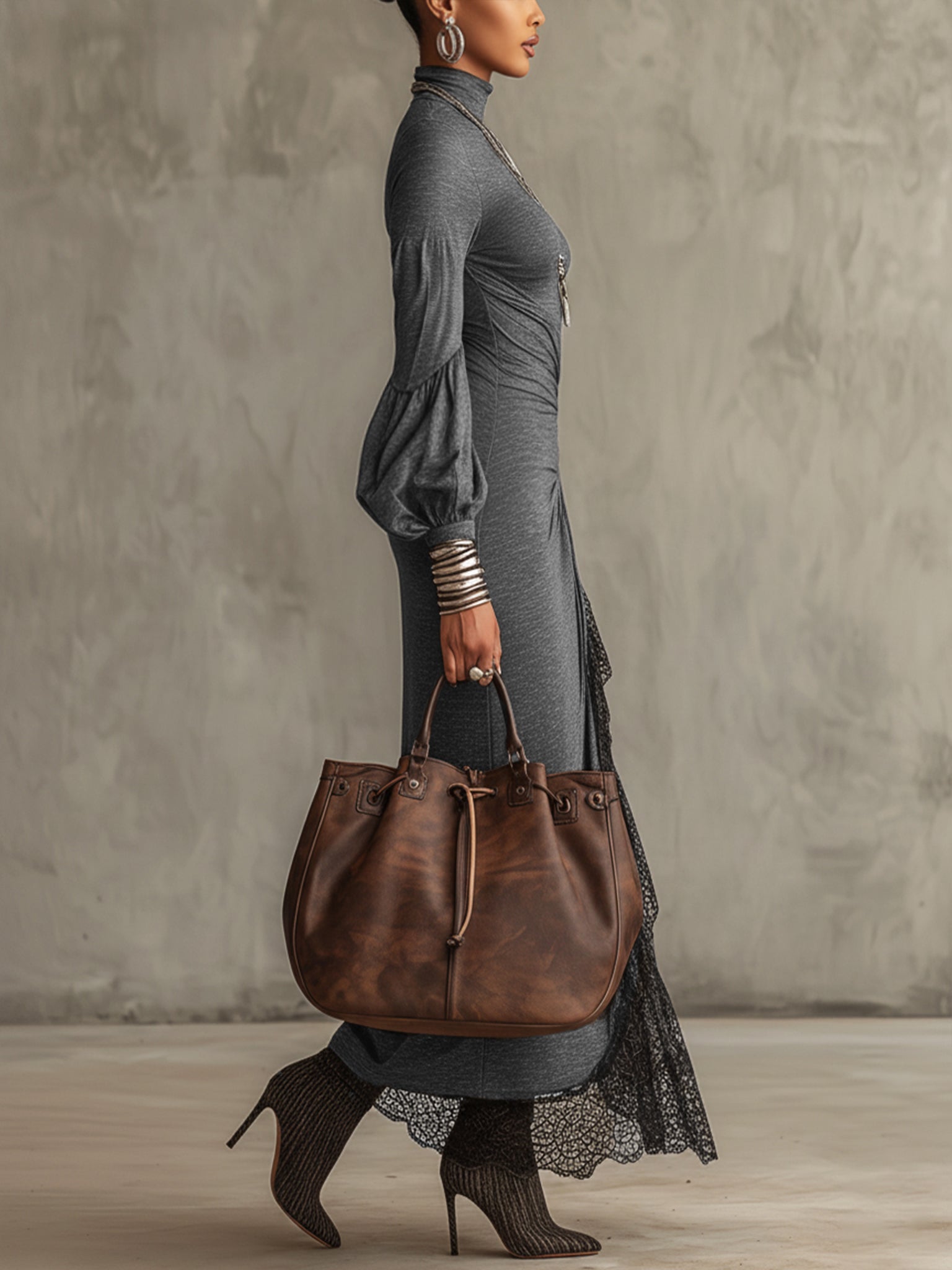 Gray Knitted Lace Hem Puff Sleeve Maxi Dress