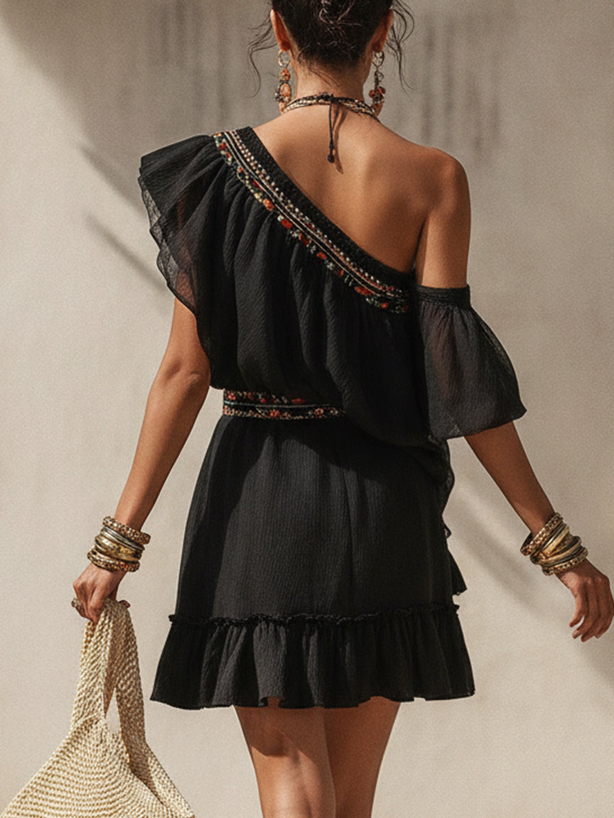 Black Asymmetric Chiffon Embroidered Mini Dress
