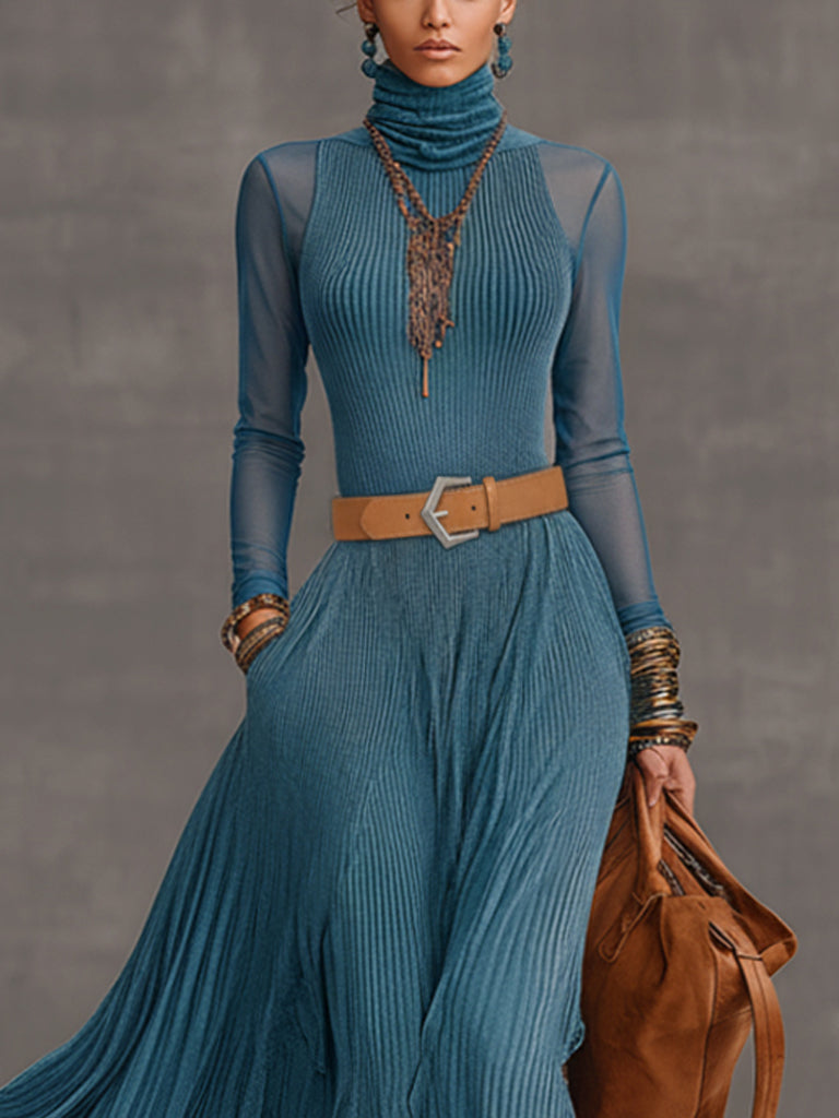 Blue Velvet Mesh Sleeve Maxi Dress With Brown Belt