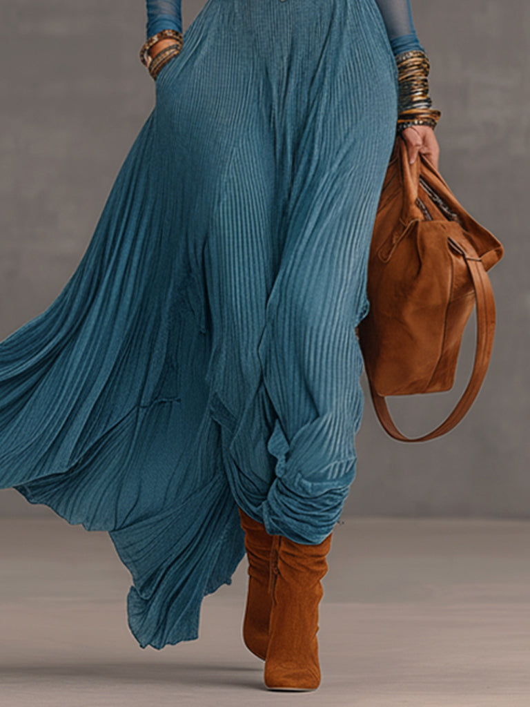Blue Velvet Mesh Sleeve Maxi Dress With Brown Belt