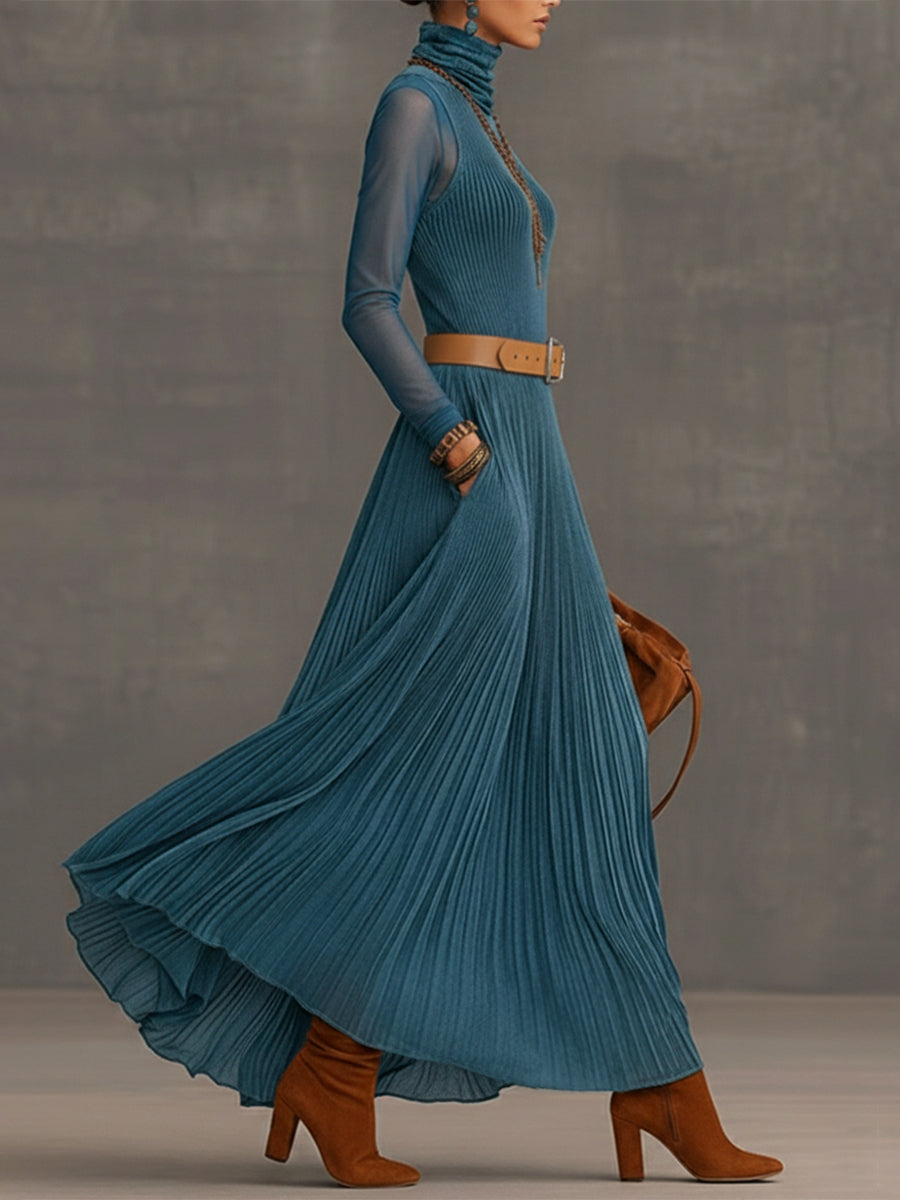 Blue Velvet Mesh Sleeve Maxi Dress With Brown Belt
